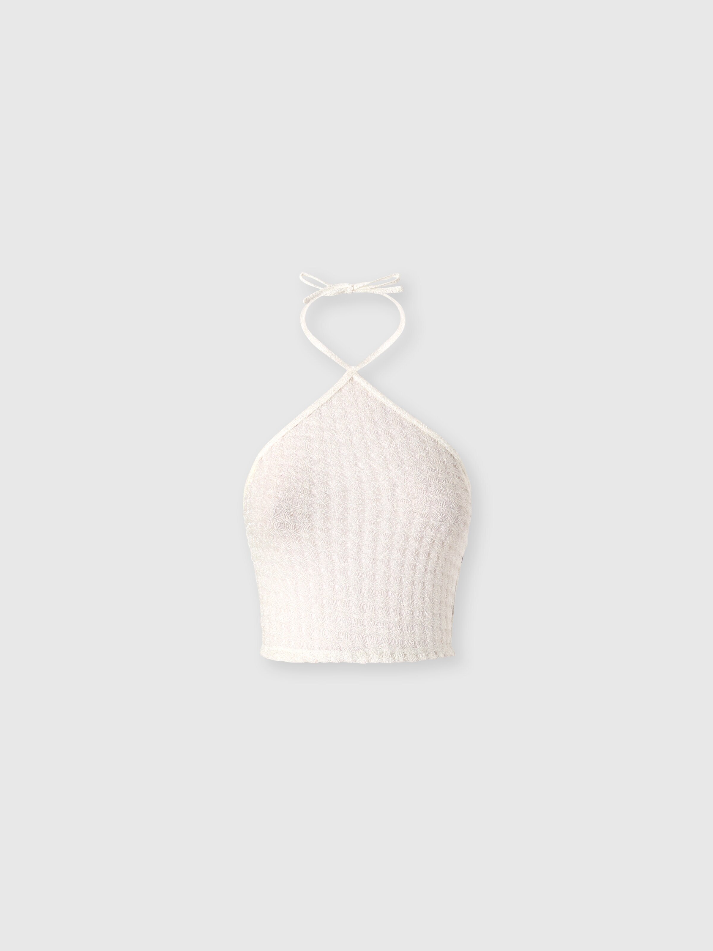 Top de viscosa lamé con trabajo raschel y escote halter, Blanco  - 0