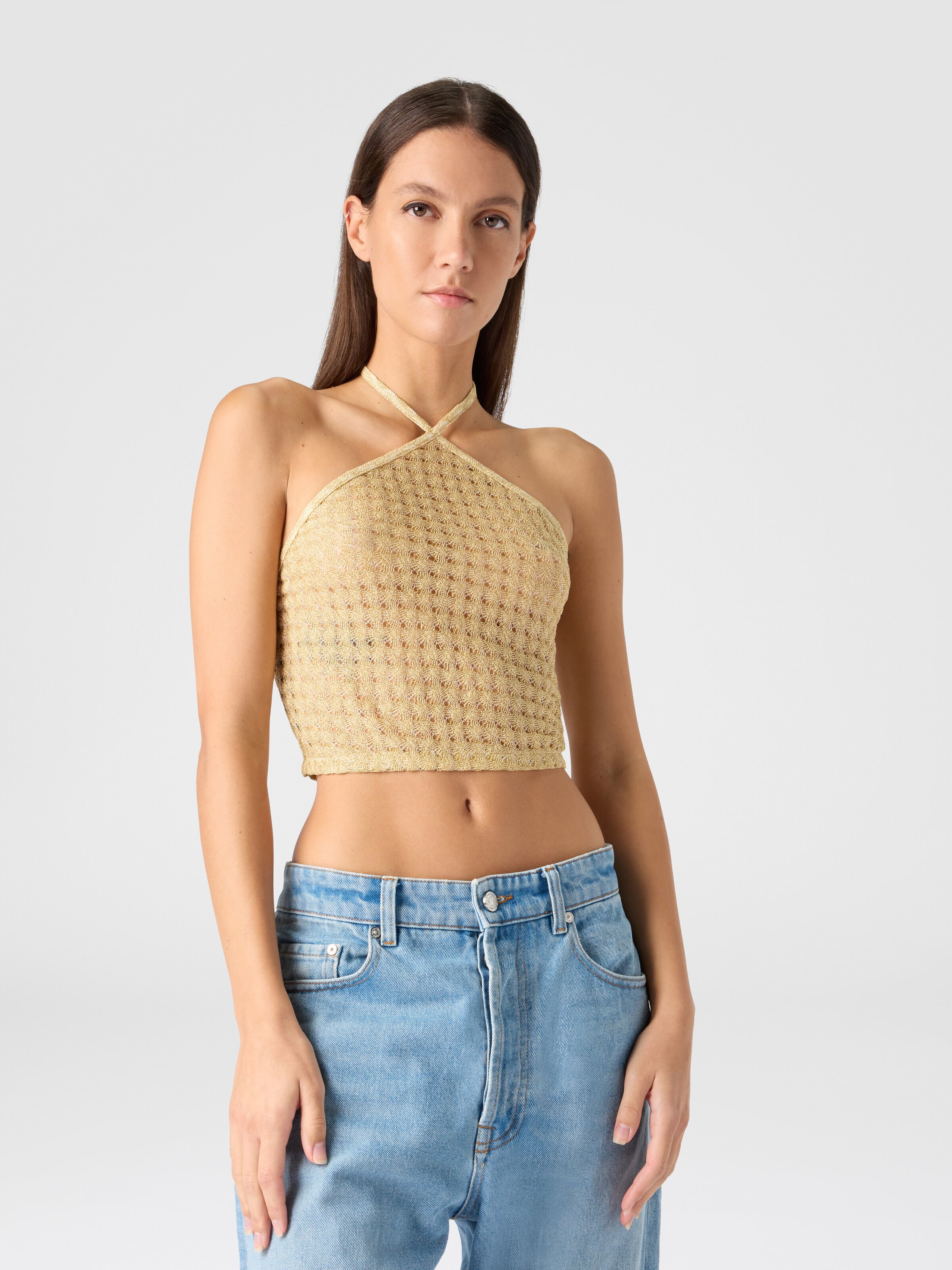 Top de viscosa lamé con trabajo raschel y escote halter, Dorado - 4