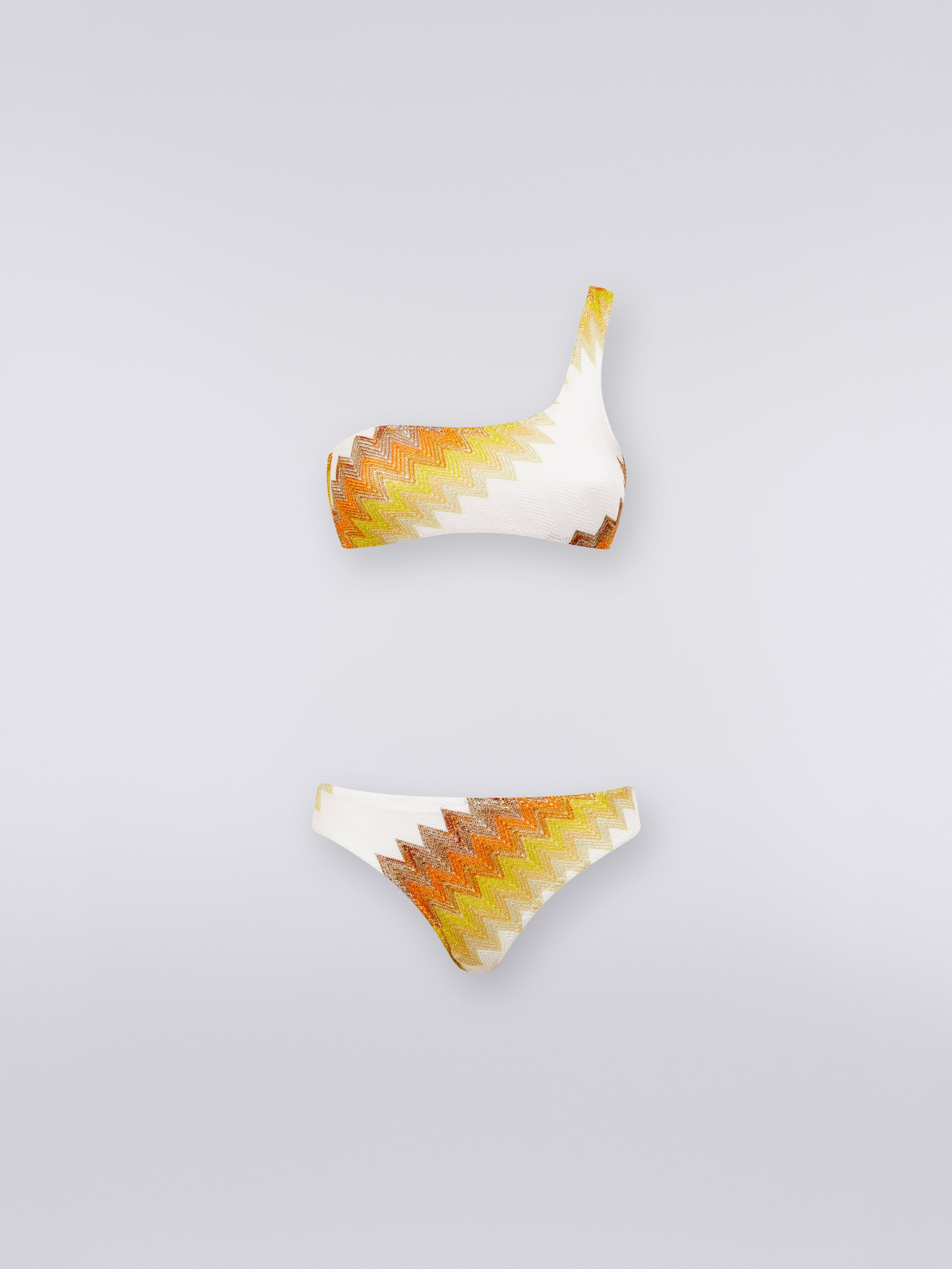 Bikini monospalla con zig zag e lamé, Bianco, Giallo & Ocra - 0