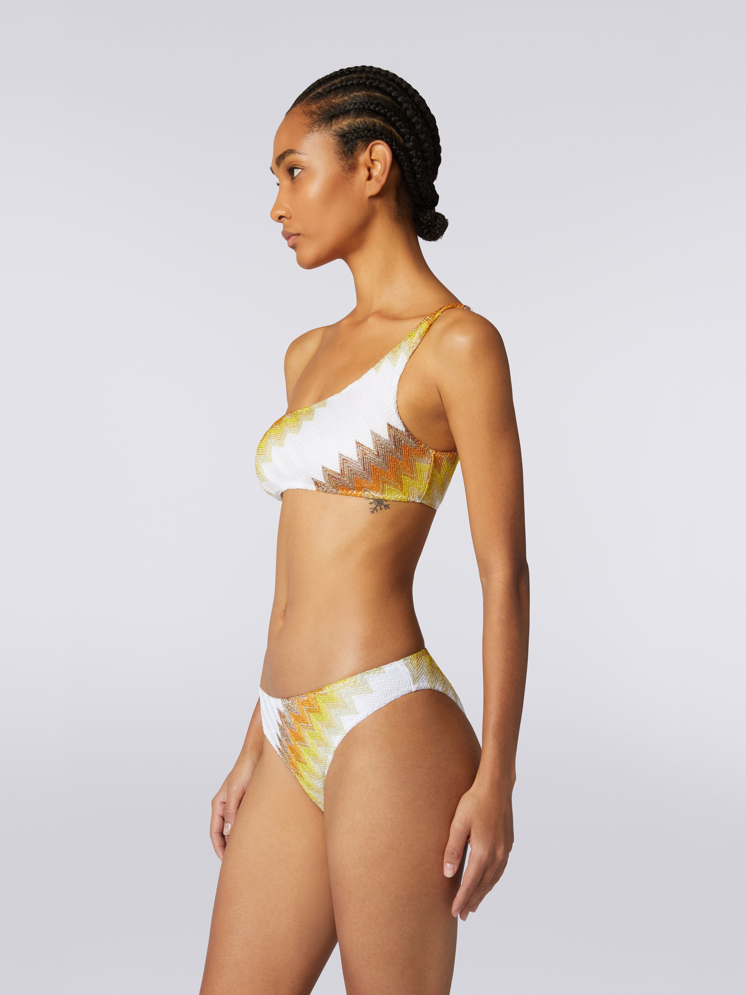 Bikini monospalla con zig zag e lamé, Bianco, Giallo & Ocra - 2
