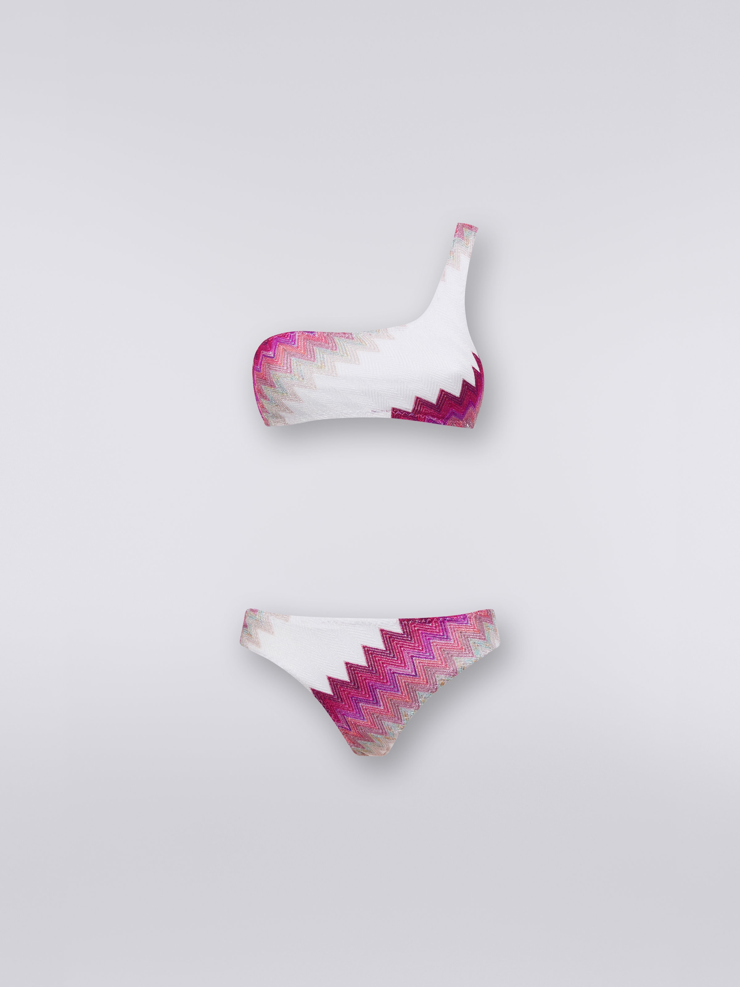 One-shoulder bikini with zigzag and lamé, White, Pink & Fuchsia - 0