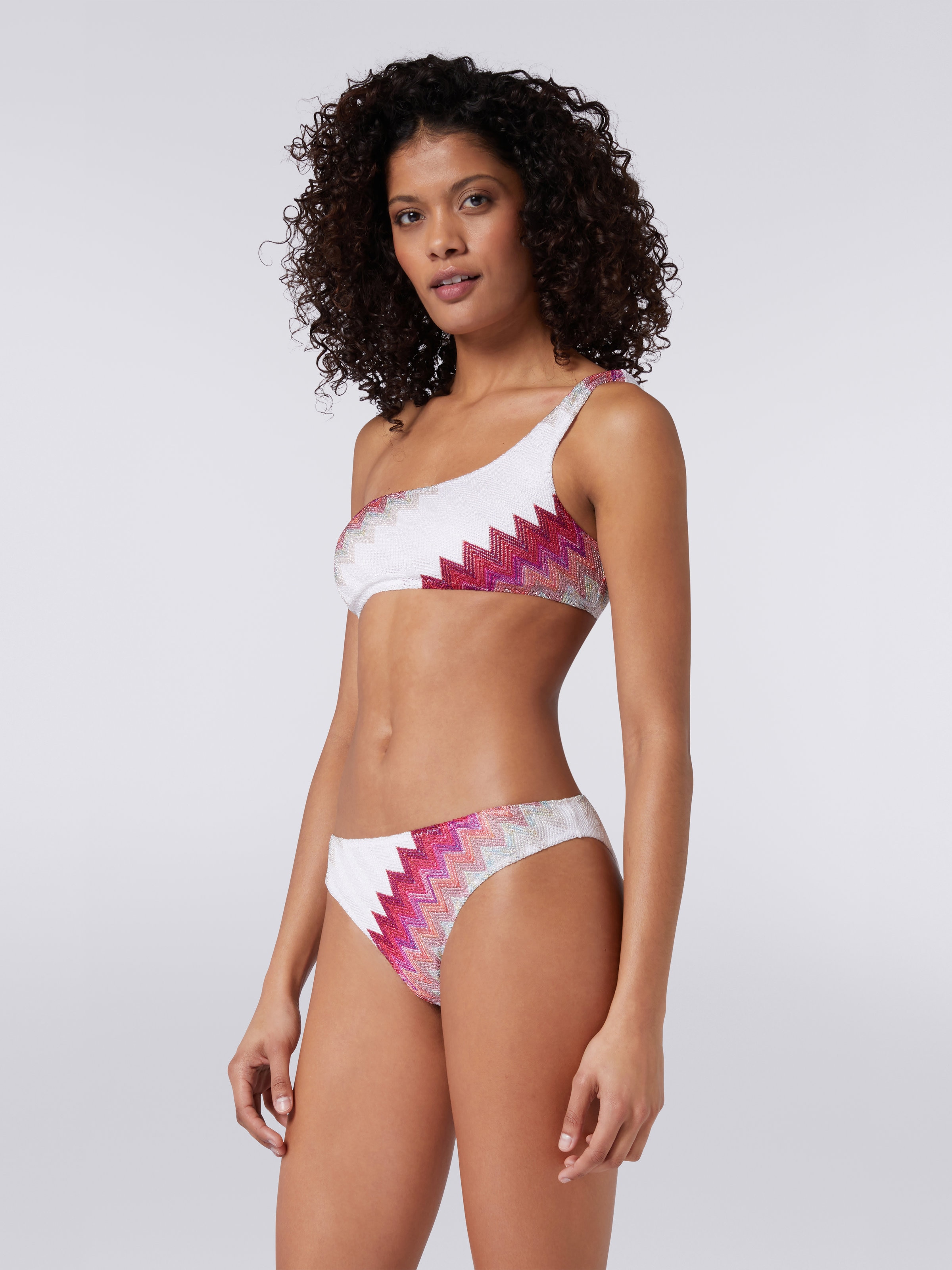 One-shoulder bikini with zigzag and lamé, White, Pink & Fuchsia - 2
