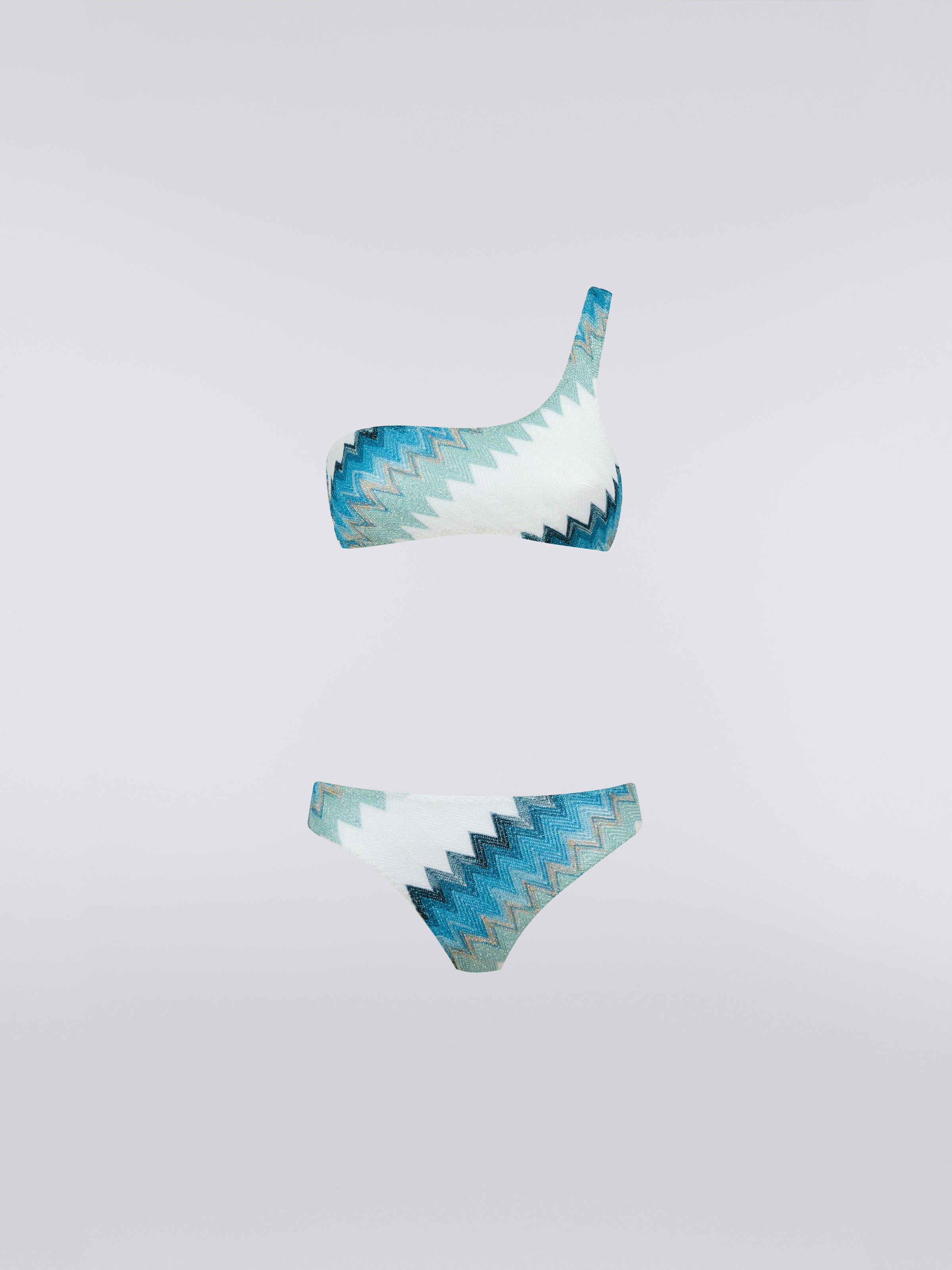 Bikini monospalla con zig zag e lamé, Bianco, Azzurro &  Celeste - 0