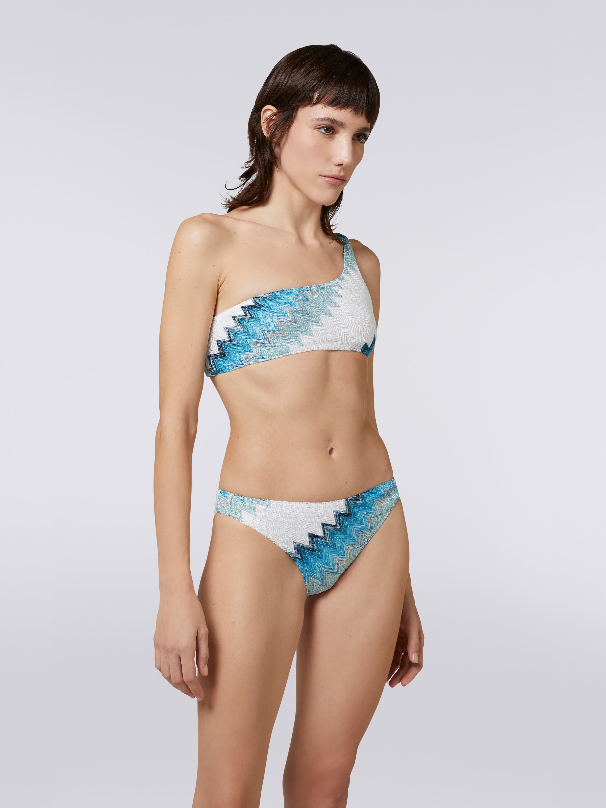 One-shoulder bikini with zigzag and lamé, White, Blue & Sky Blue - 1