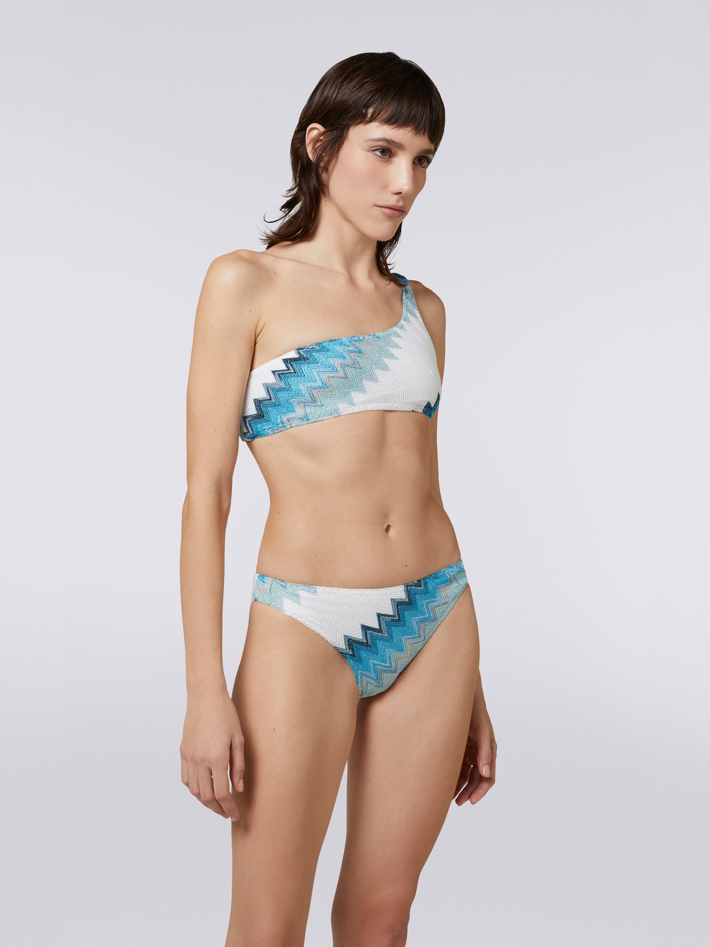 Bikini monospalla con zig zag e lamé, Bianco, Azzurro &  Celeste - 1