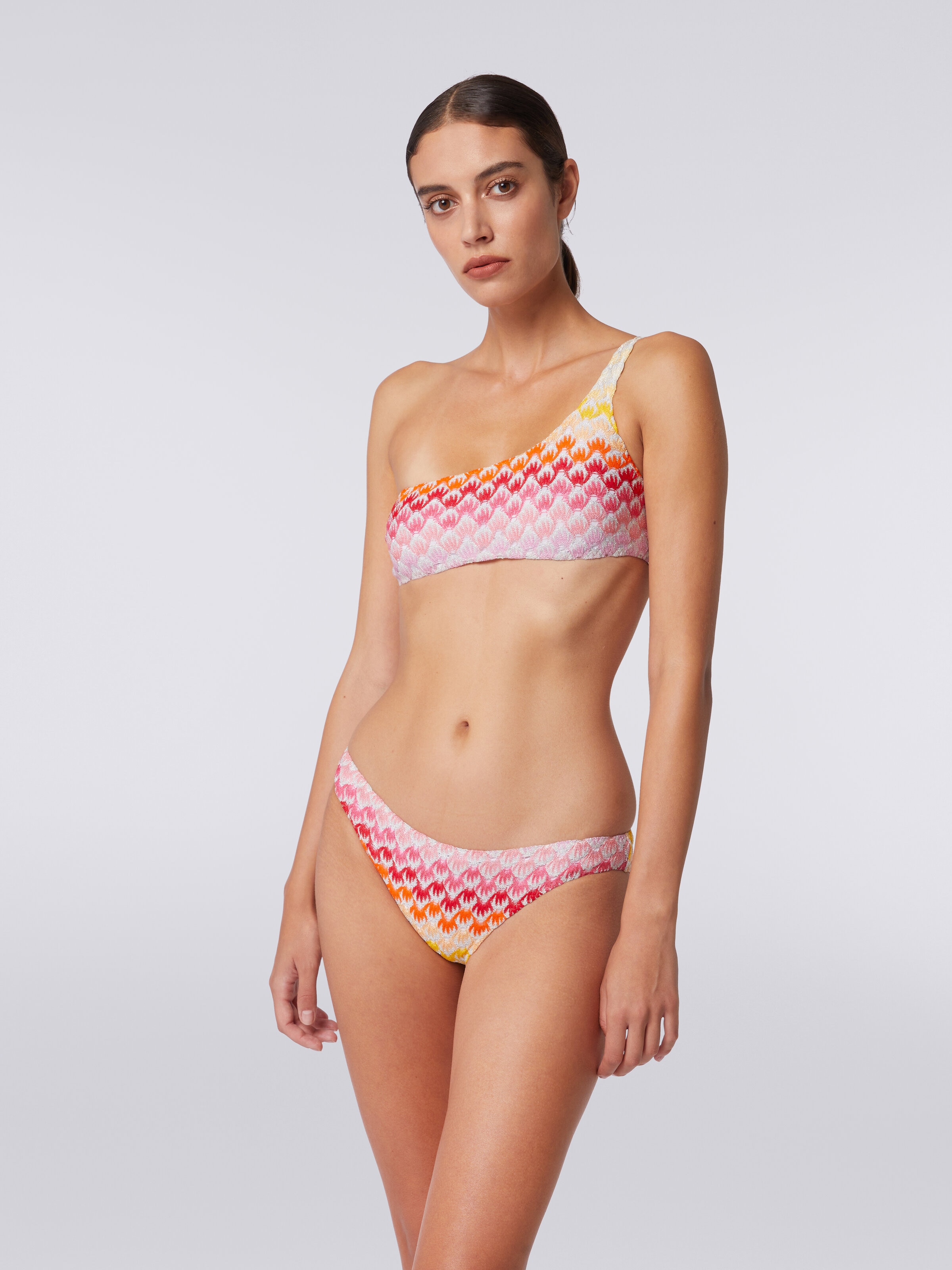 Bikini monospalla effetto pizzo dégradé con lurex, Rosso  - 1