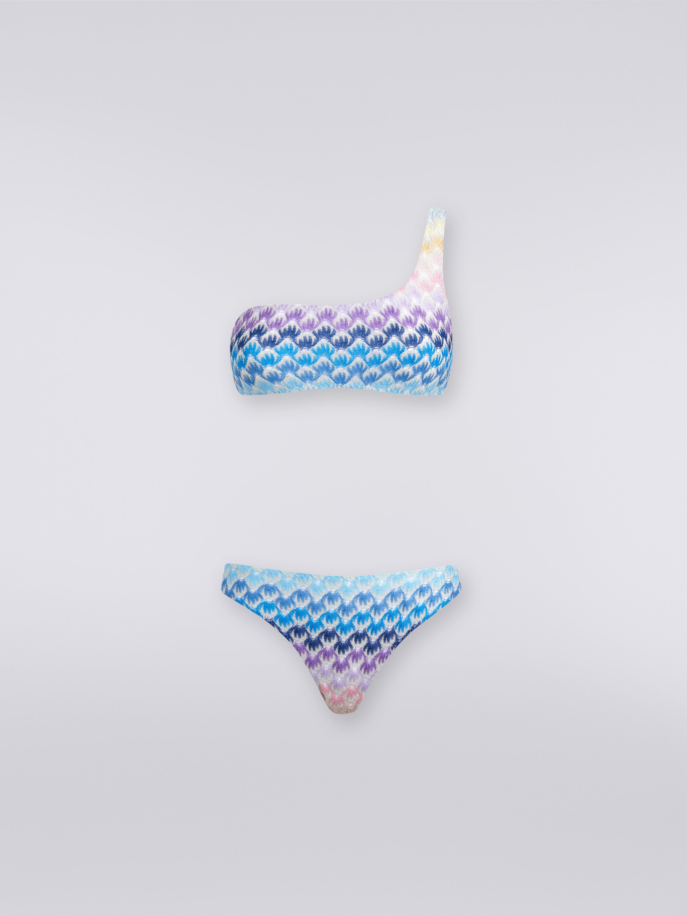 Dégradé lace-effect one-shoulder bikini with lurex, Blue - 0