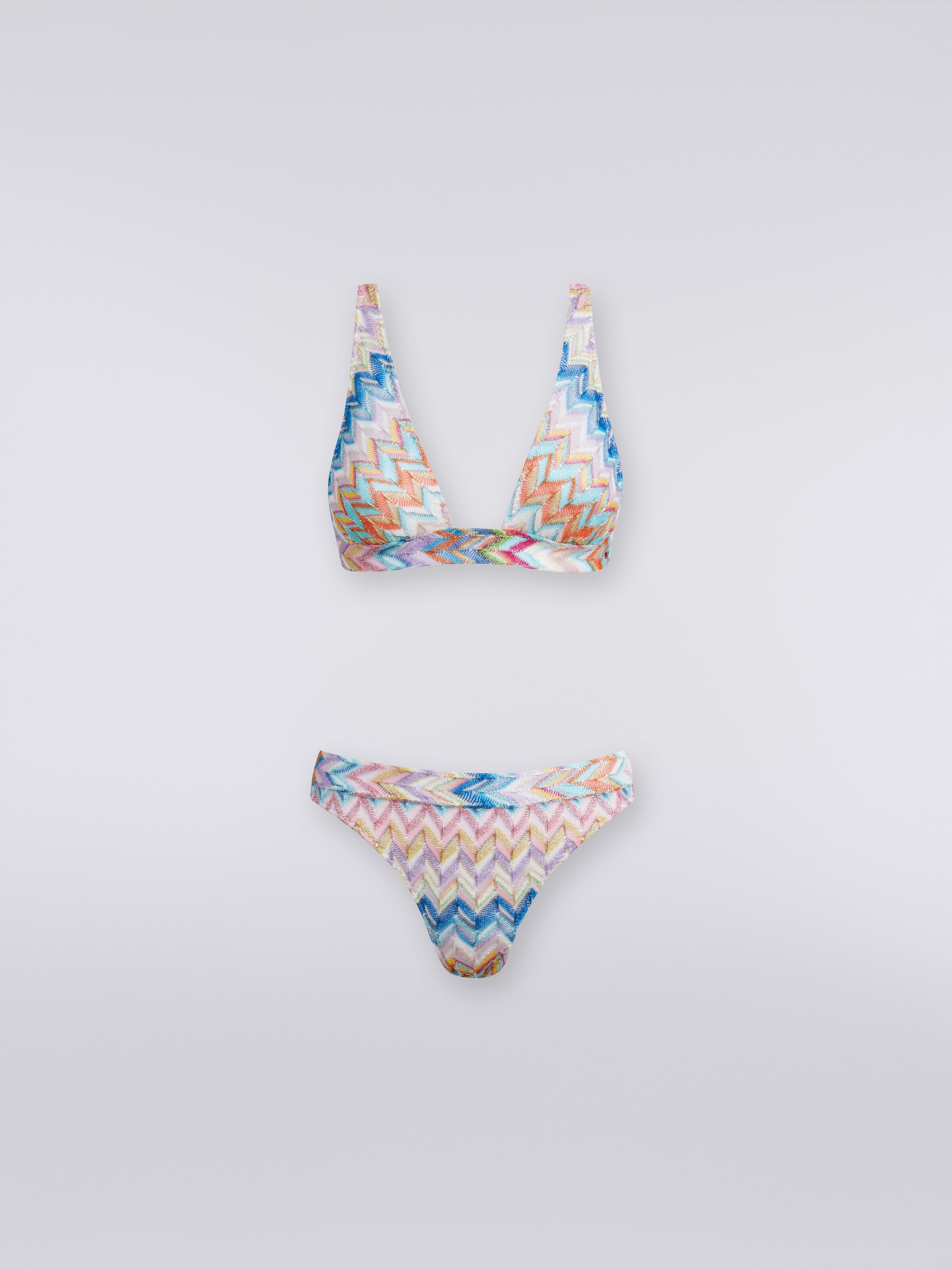 Zigzag viscose one-shoulder bikini with lurex, Multicoloured  - 0