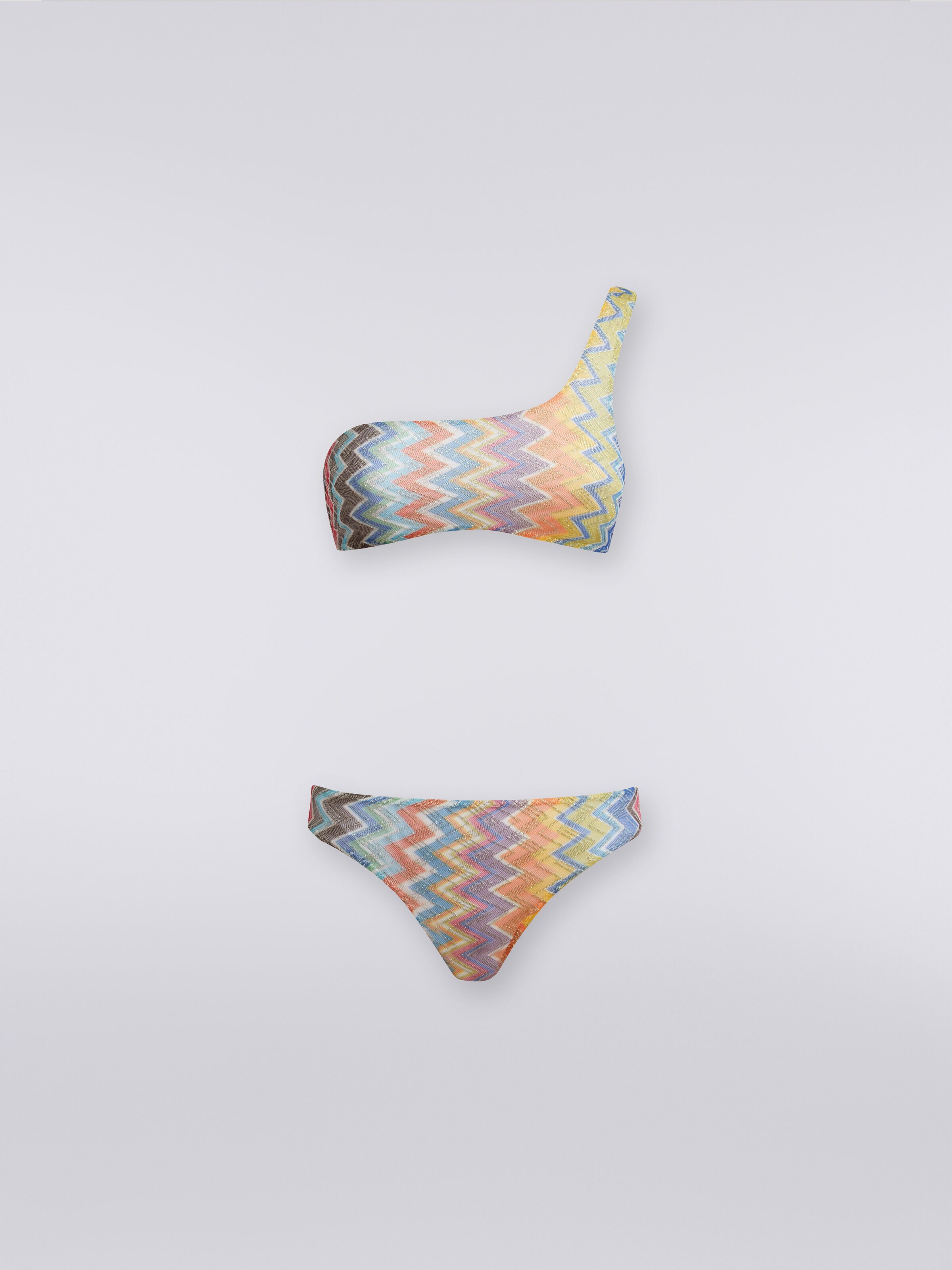 Bikini de un solo hombro de viscosa zigzag con lúrex, Multicolor  - 0