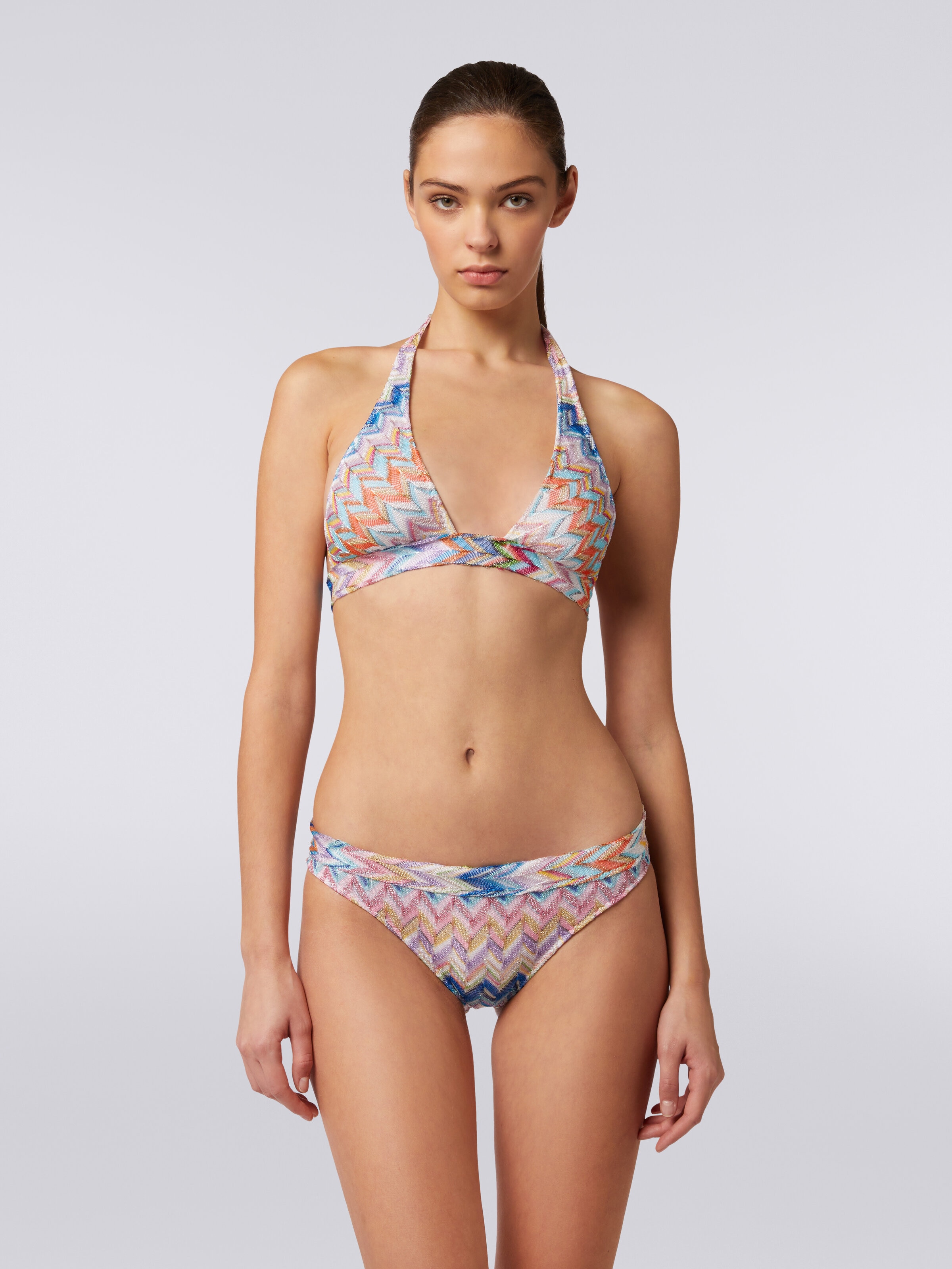 Zigzag viscose one-shoulder bikini with lurex, Multicoloured  - 1