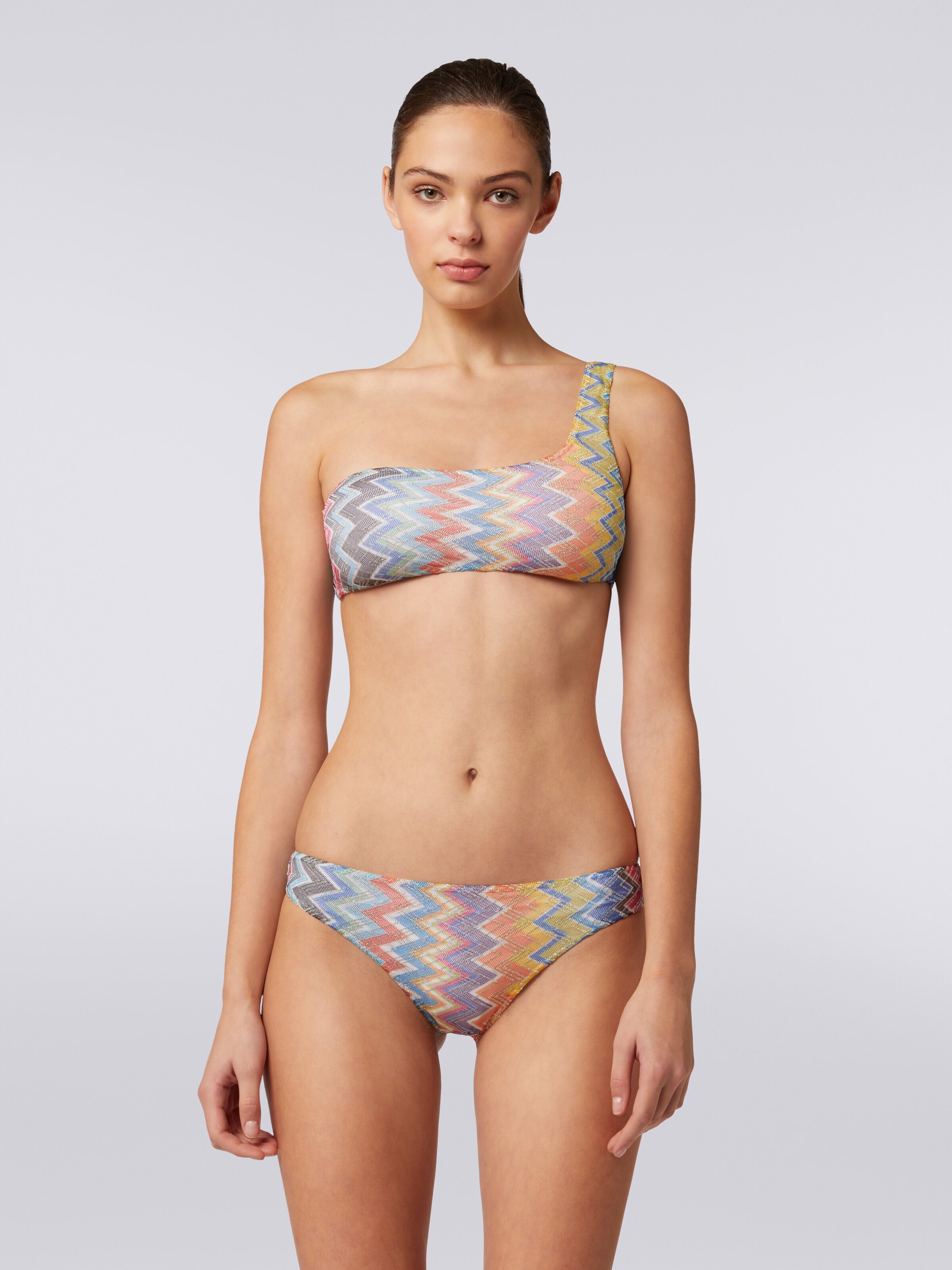 Bikini de un solo hombro de viscosa zigzag con lúrex, Multicolor  - 1