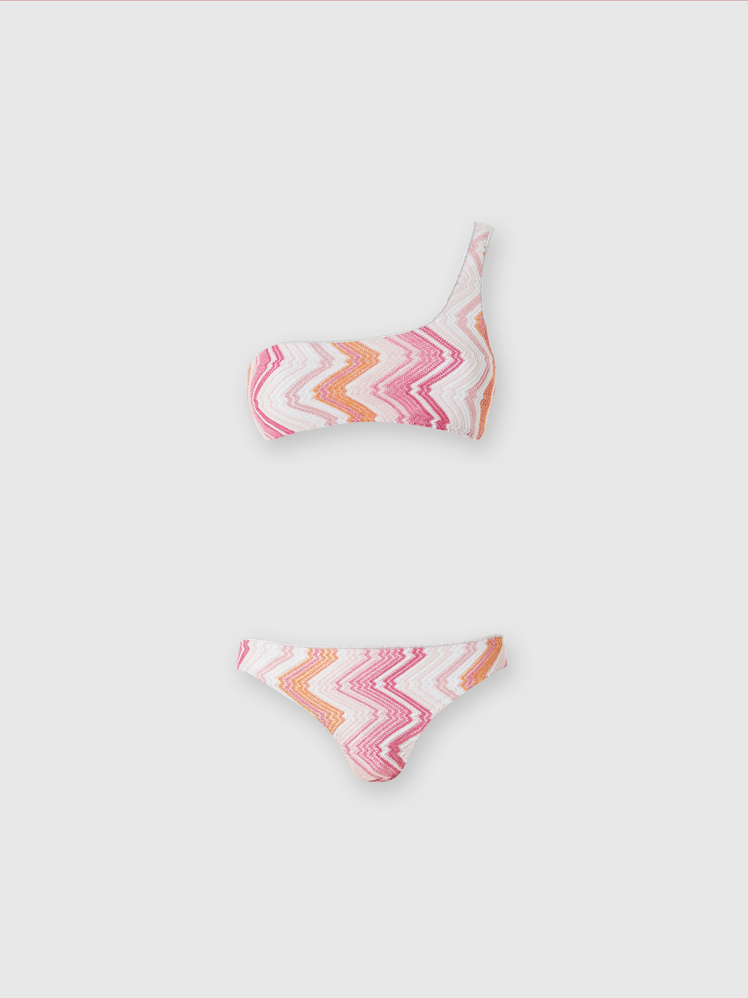 One-shoulder viscose blend chevron bikini with lurex, Pink   - 0