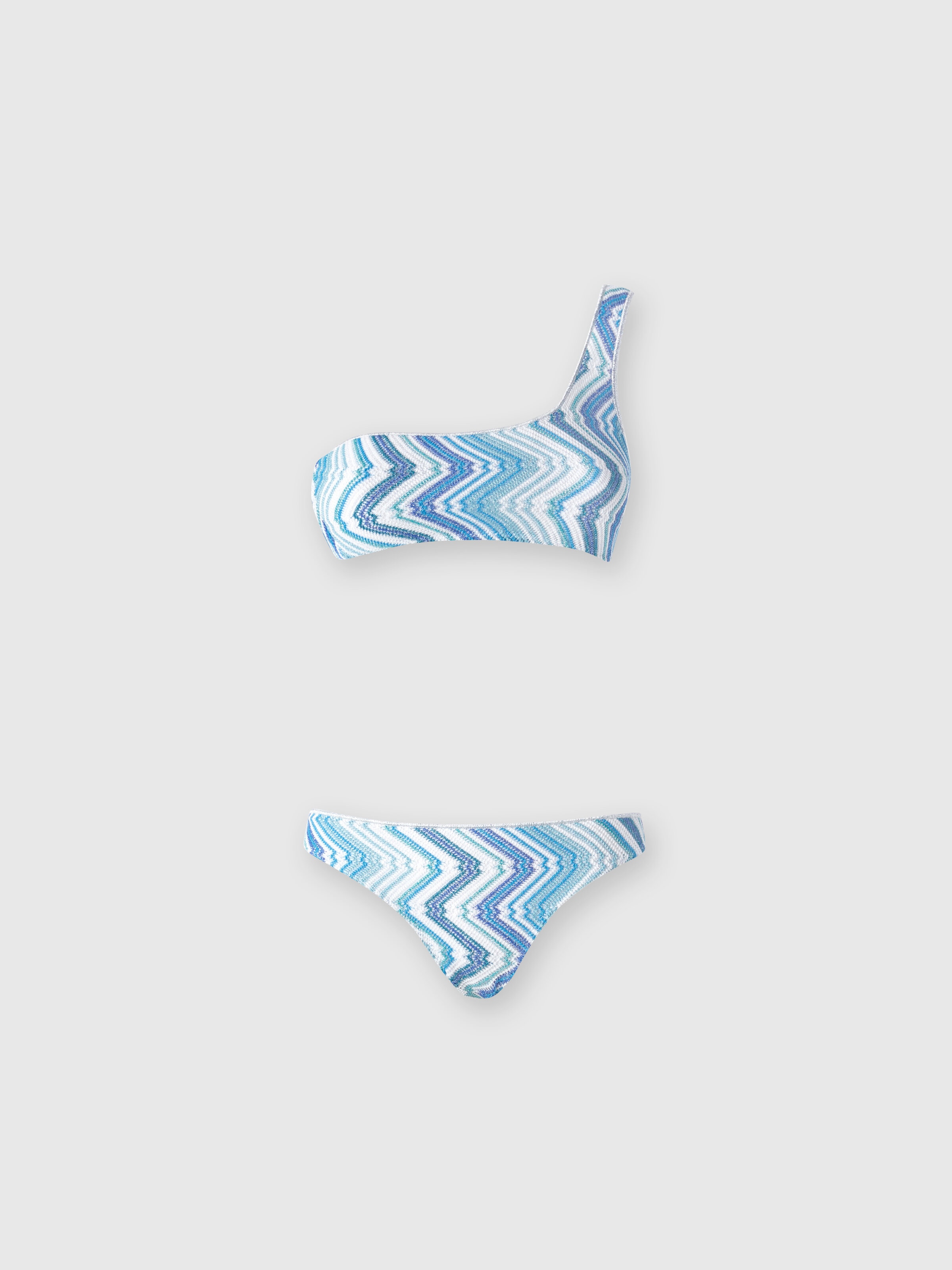 One-shoulder viscose blend chevron bikini with lurex, Blue - 0