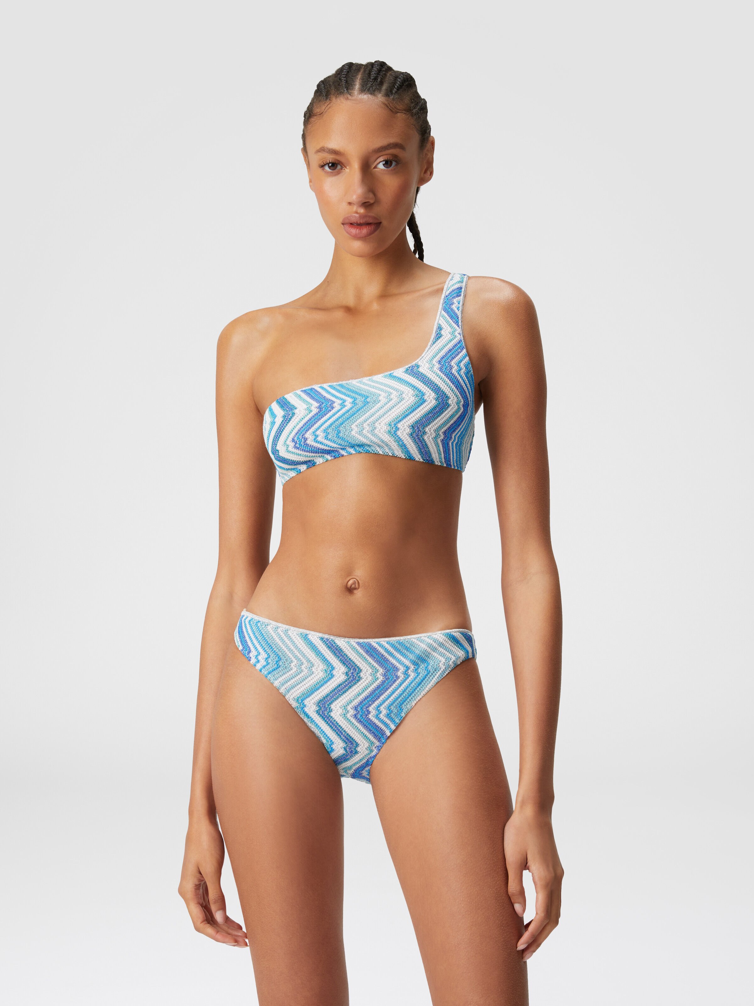 One-shoulder viscose blend chevron bikini with lurex, Blue - 1