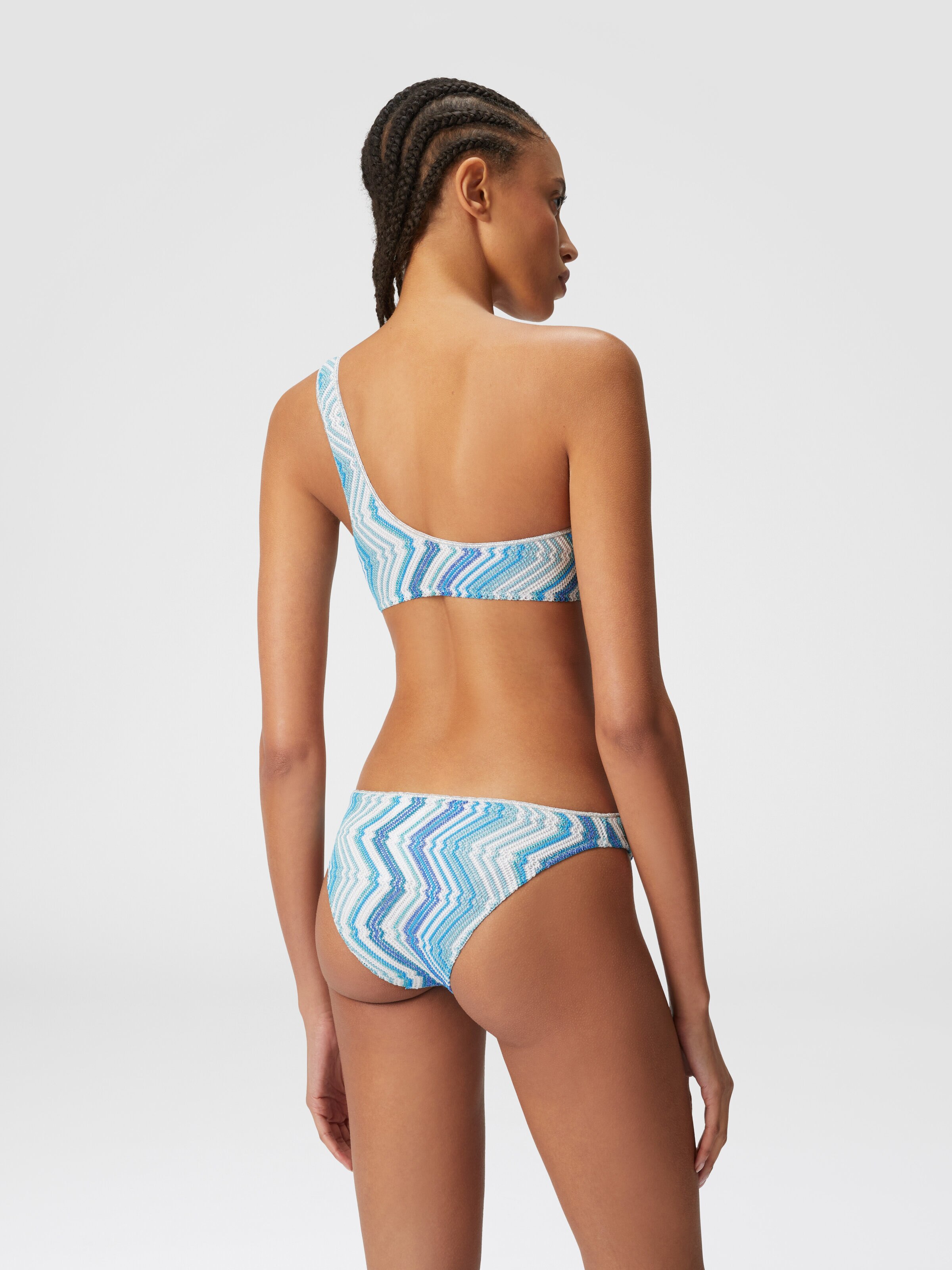 One-shoulder viscose blend chevron bikini with lurex, Blue - 2