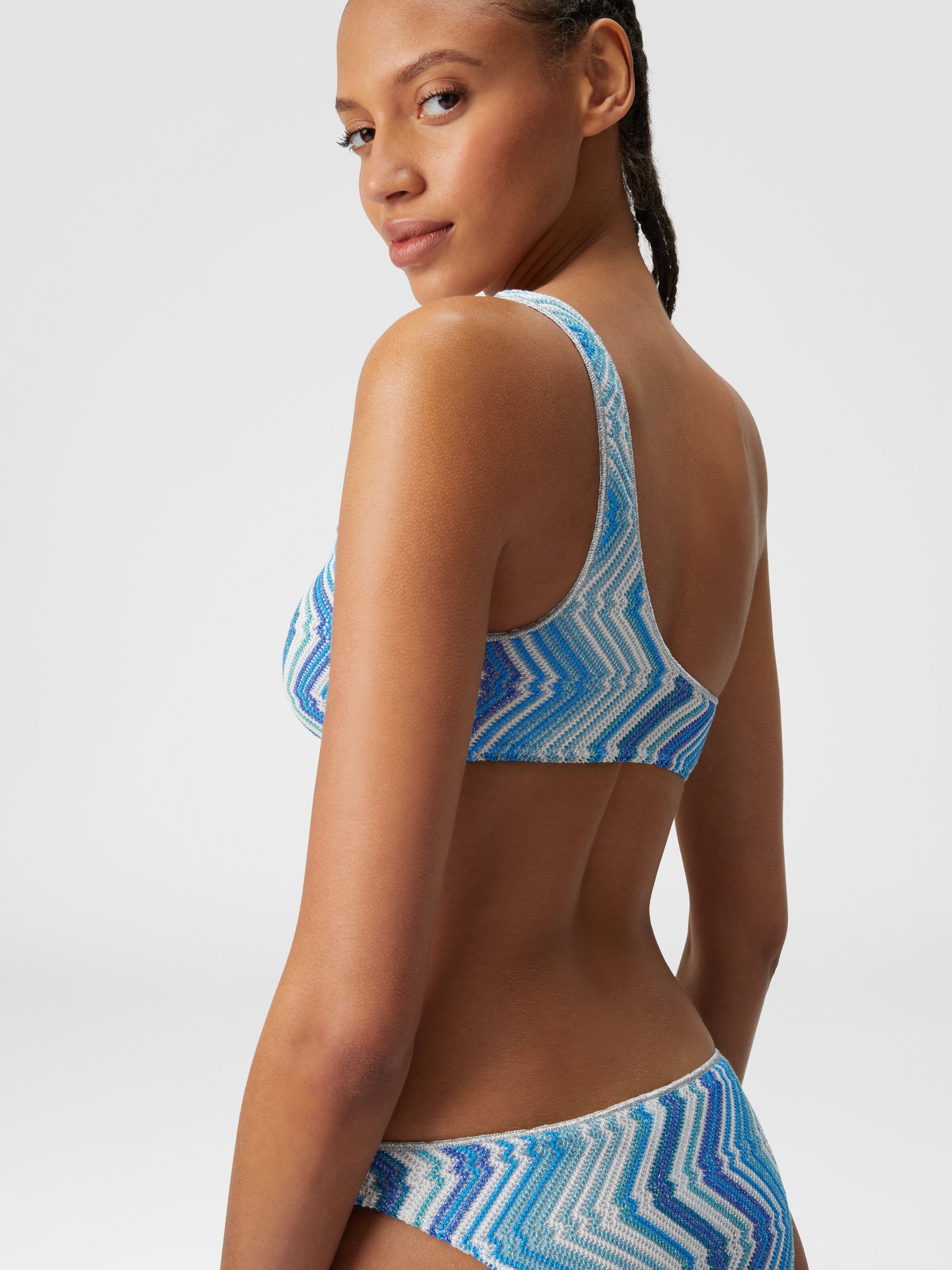 One-shoulder viscose blend chevron bikini with lurex, Blue - 3