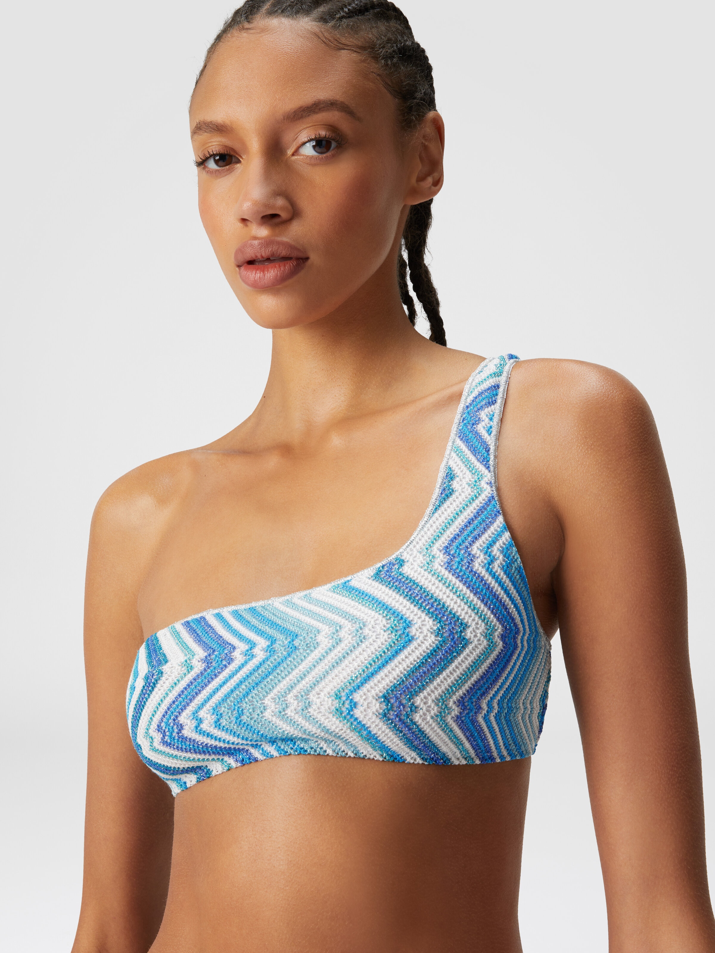 One-shoulder viscose blend chevron bikini with lurex, Blue - 4