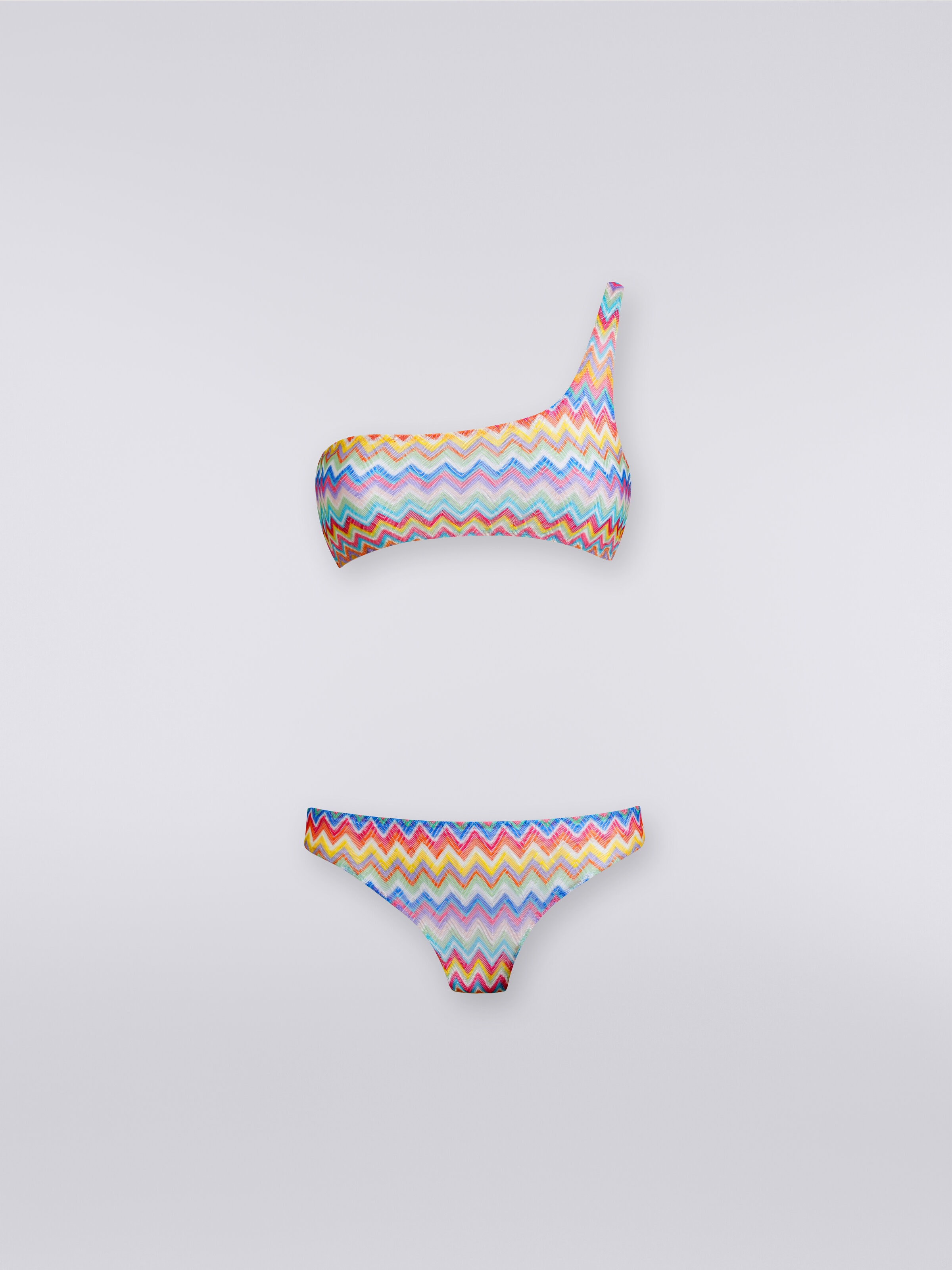 One-shoulder bikini with zigzag print, Multicoloured  - 0