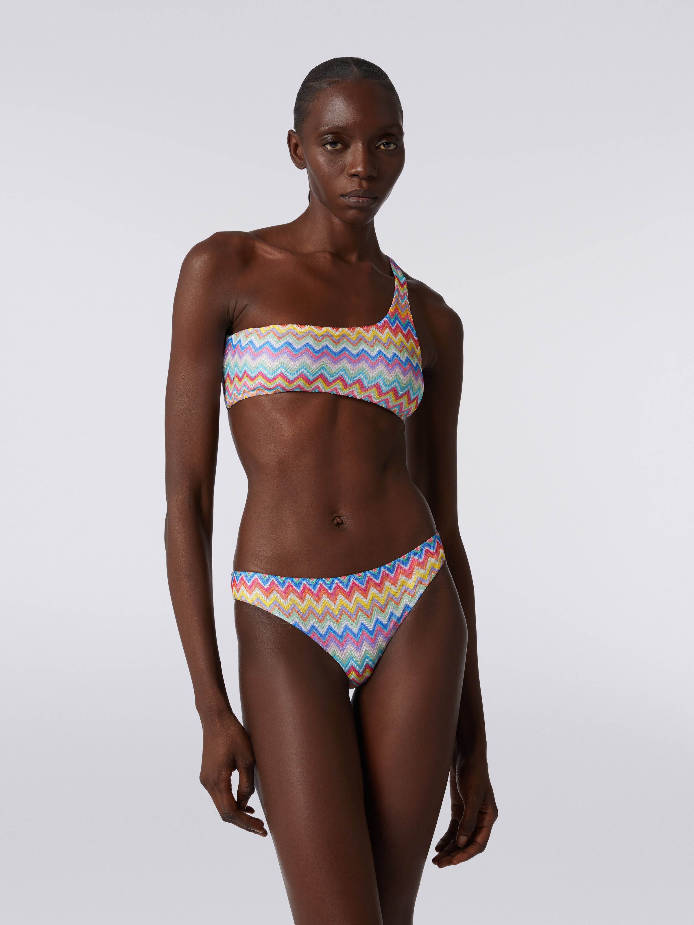 One-shoulder bikini with zigzag print, Multicoloured  - 1