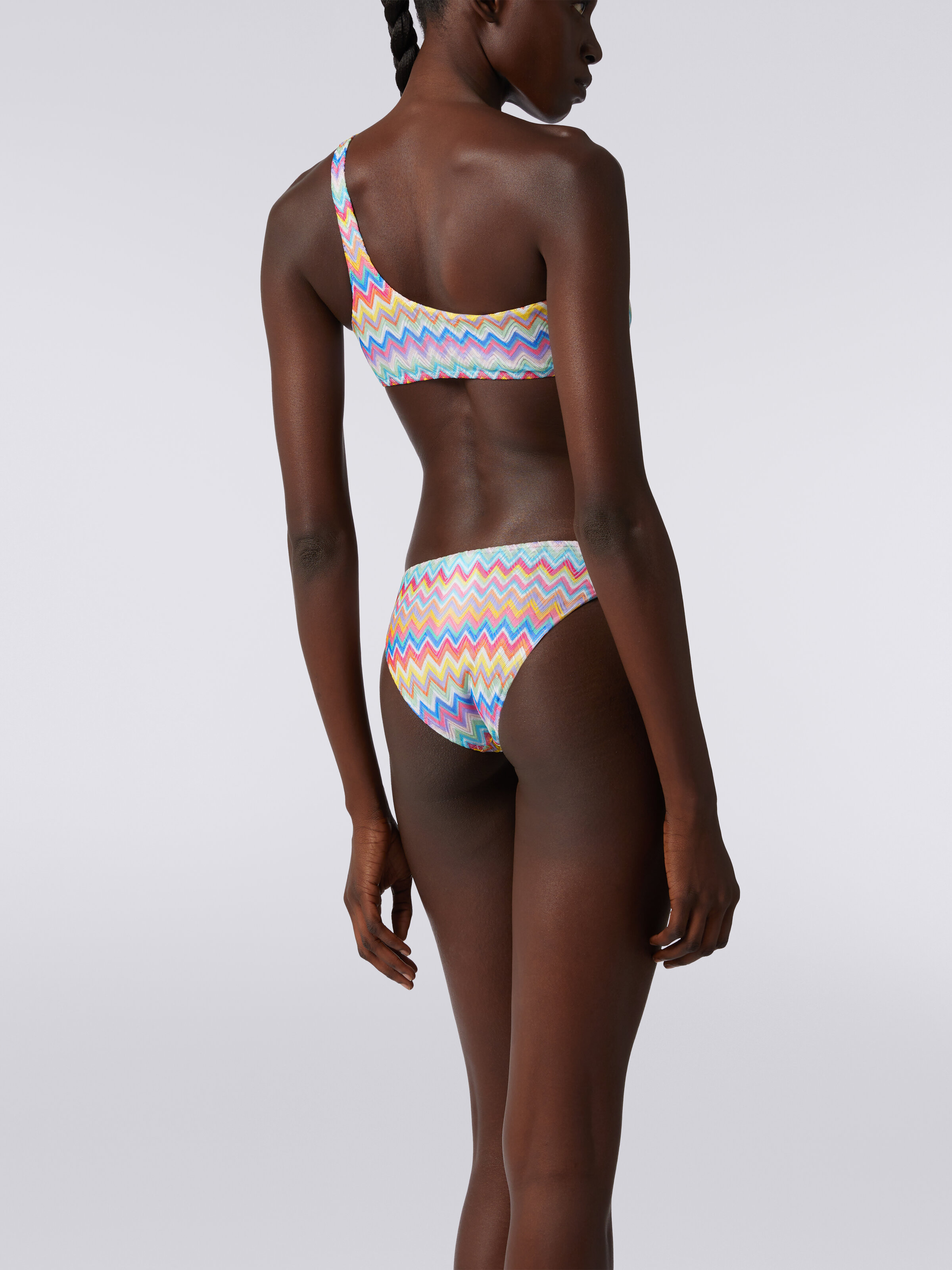 Bikini de un solo hombro con estampado zigzag, Multicolor  - 3