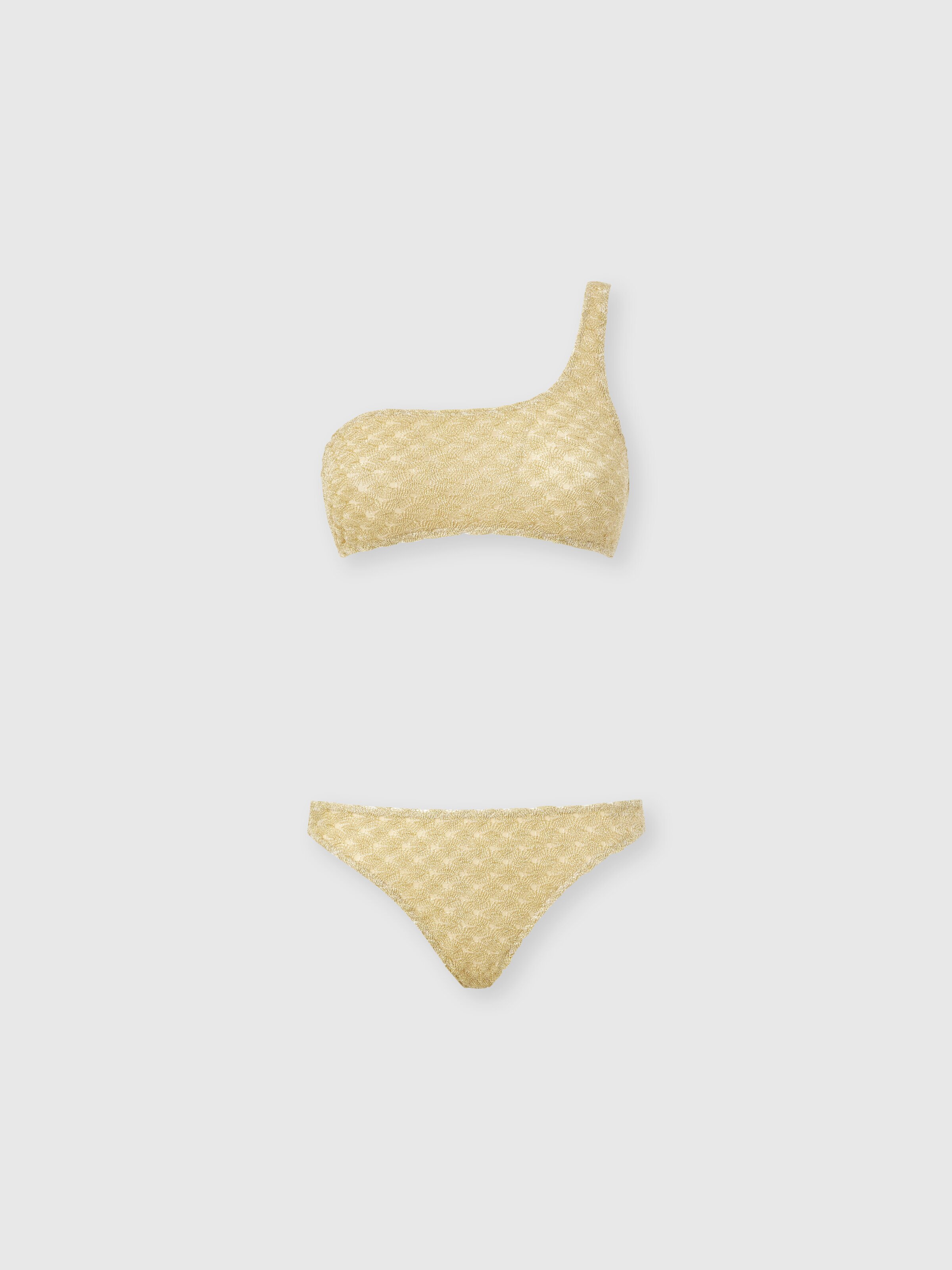 One-shoulder bikini in lamé viscose with raschel workmanship, Gold - 0