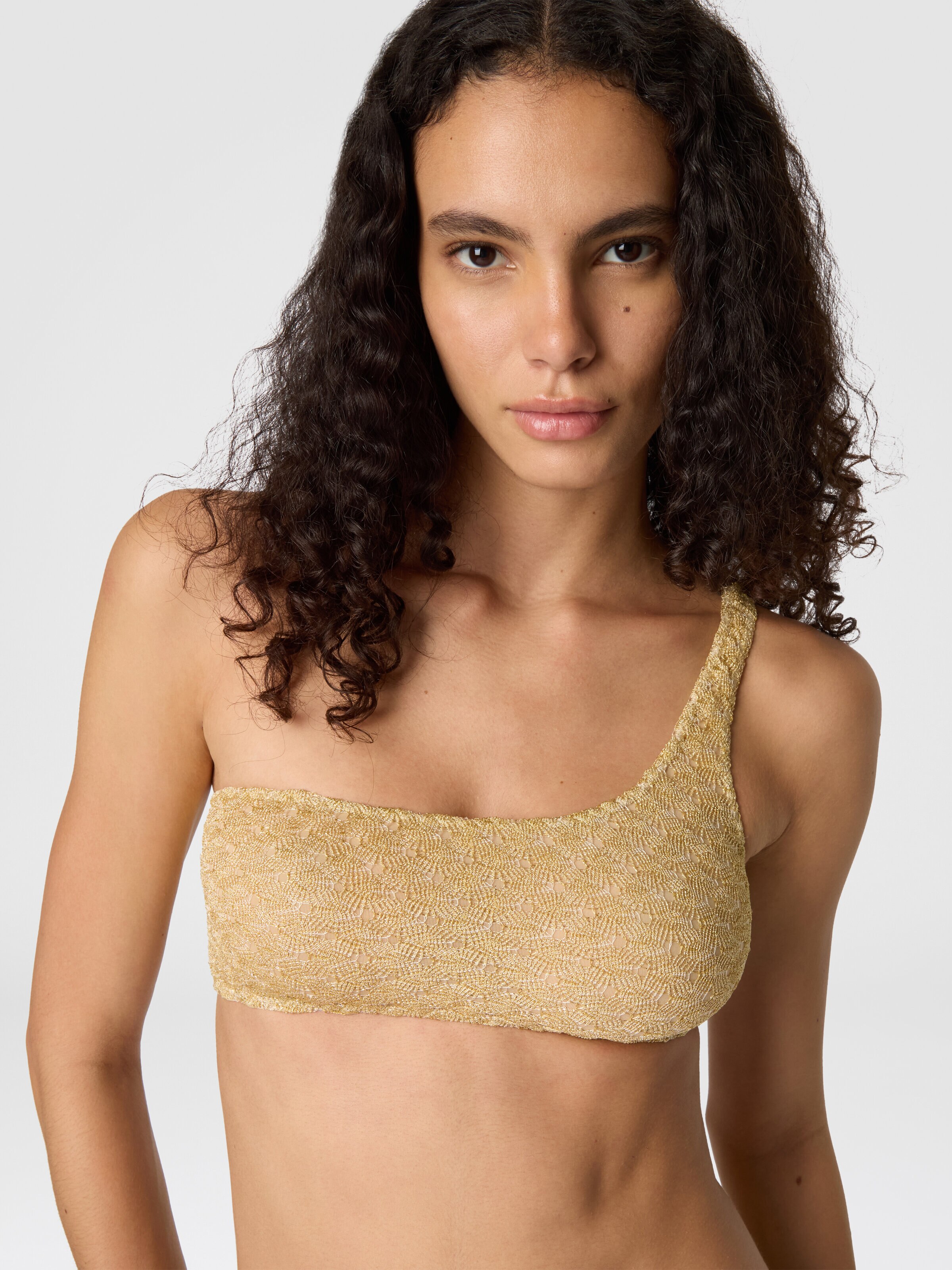 One-shoulder bikini in lamé viscose with raschel workmanship, Gold - 3