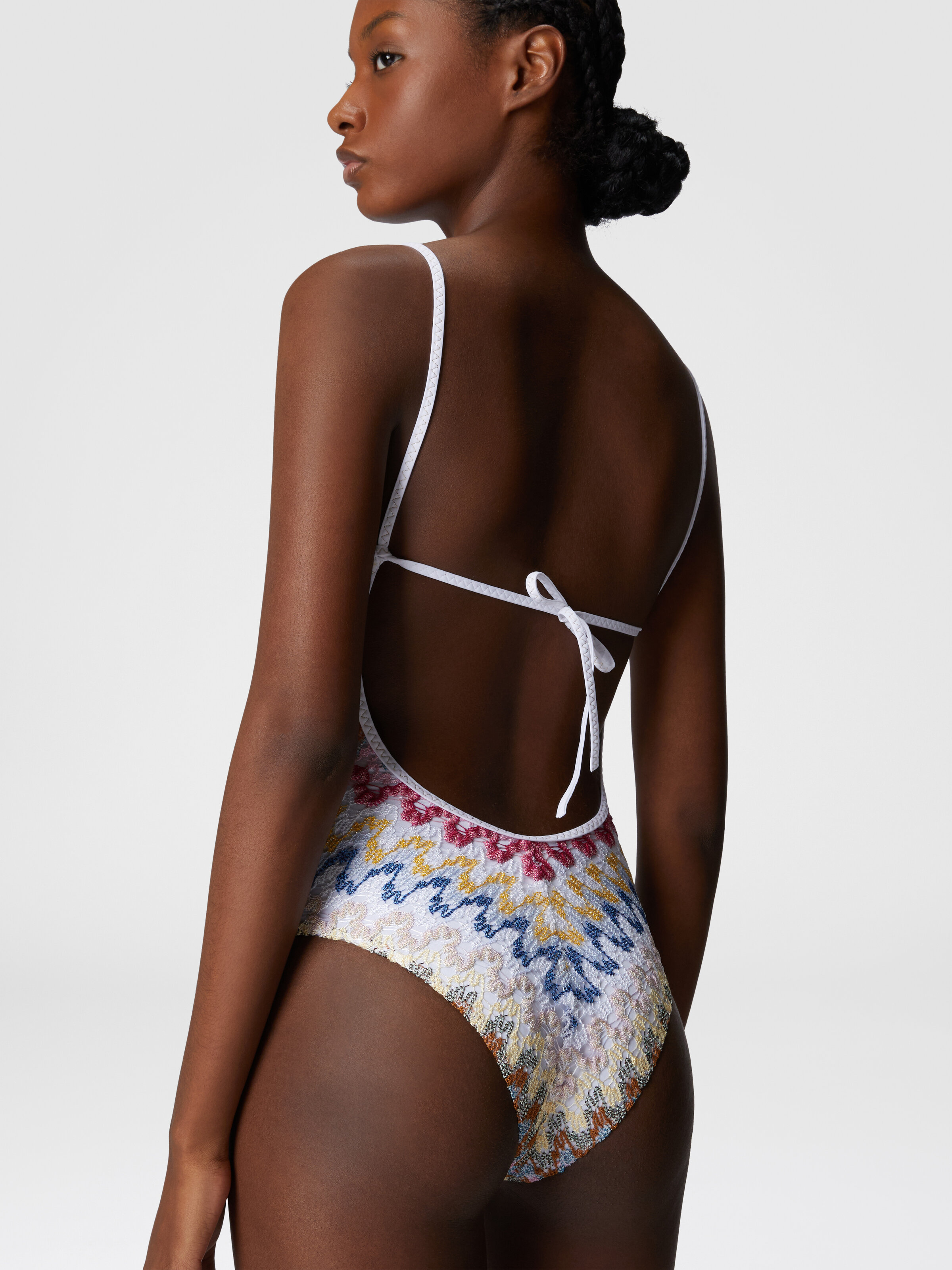 One-piece swimsuit in lamé viscose lace, Multicoloured  - 4