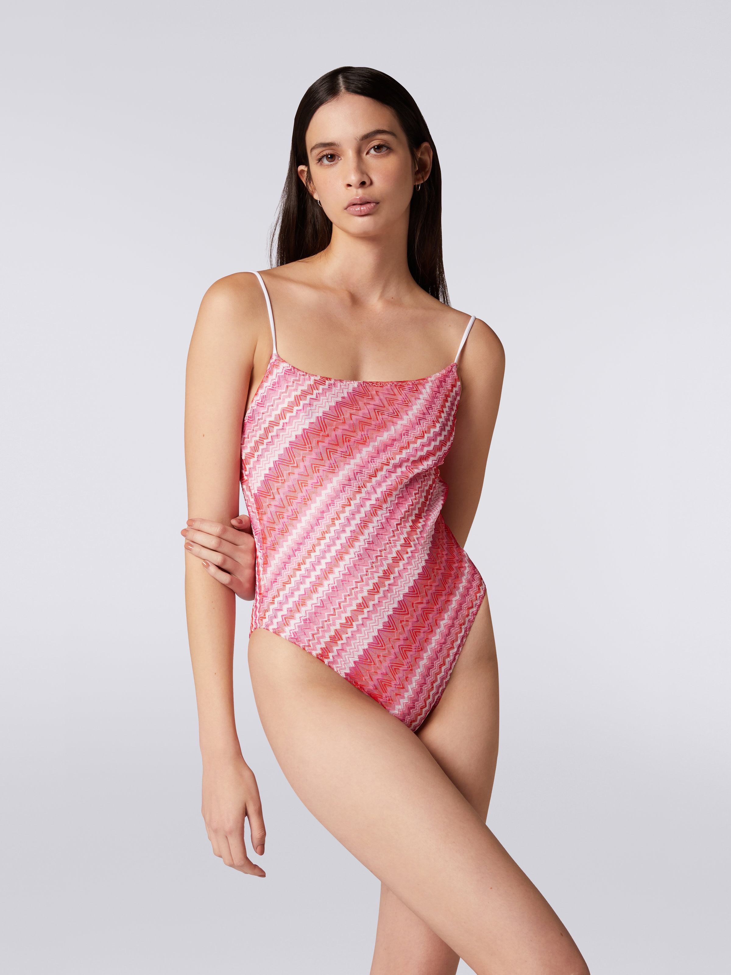 Maillot de bain une pièce en tricot zigzag avec fines bretelles réglables, Rose   - 1
