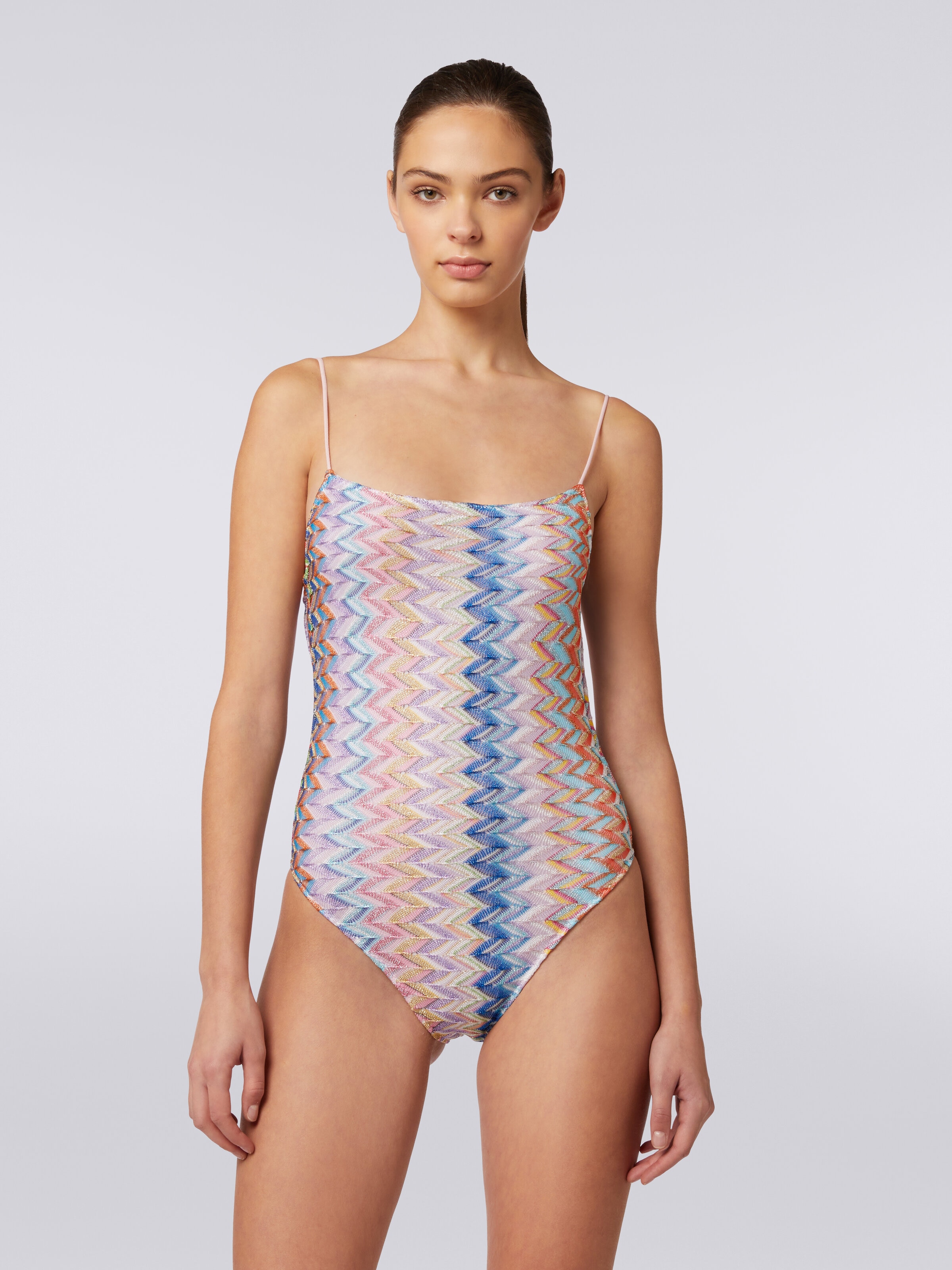 One-piece lamé swimming costume with thin adjustable straps, Multicoloured  - 1