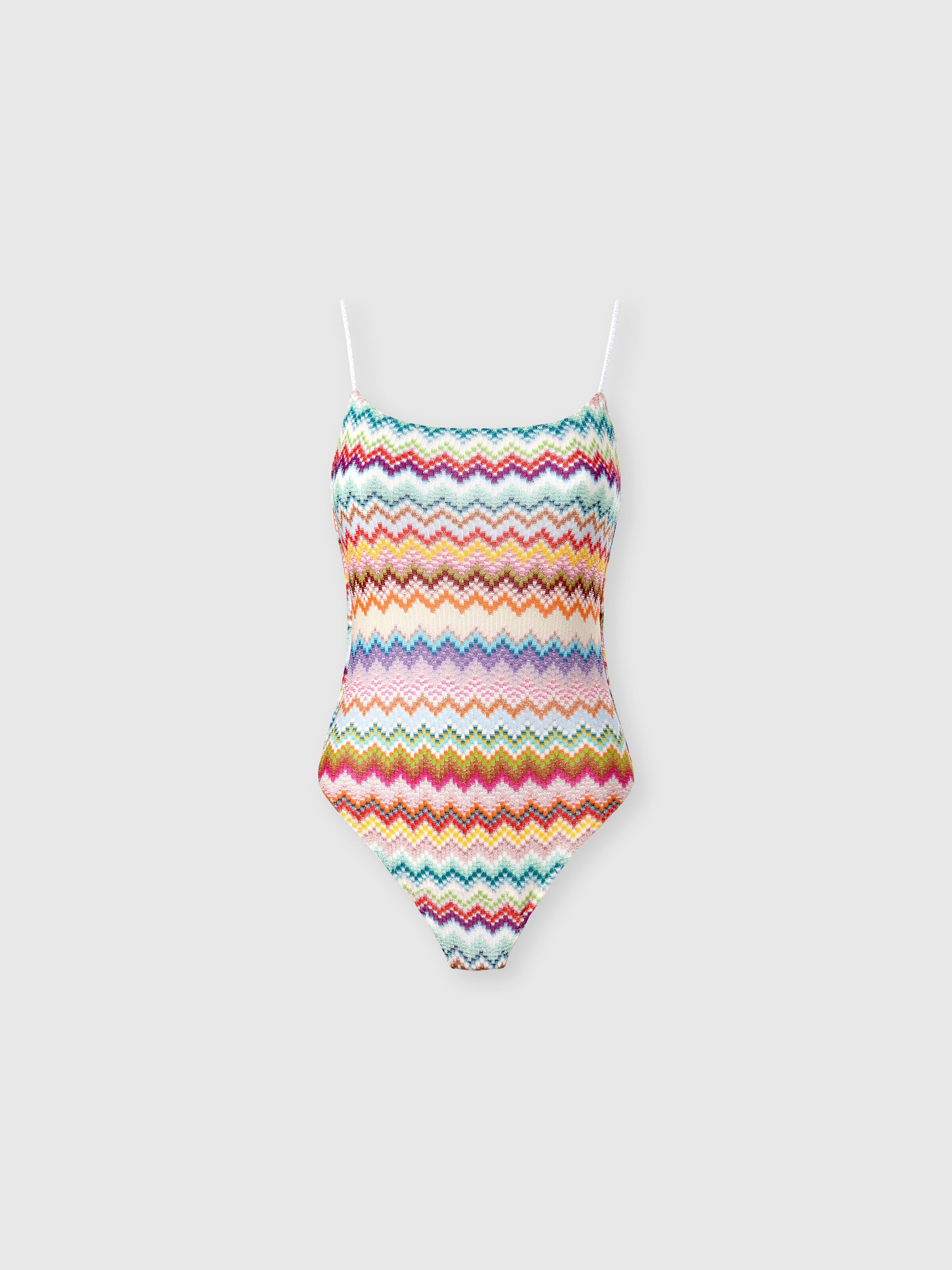 One-piece swimsuit in lamé viscose with pixel-effect zigzag pattern, Multicoloured  - 0