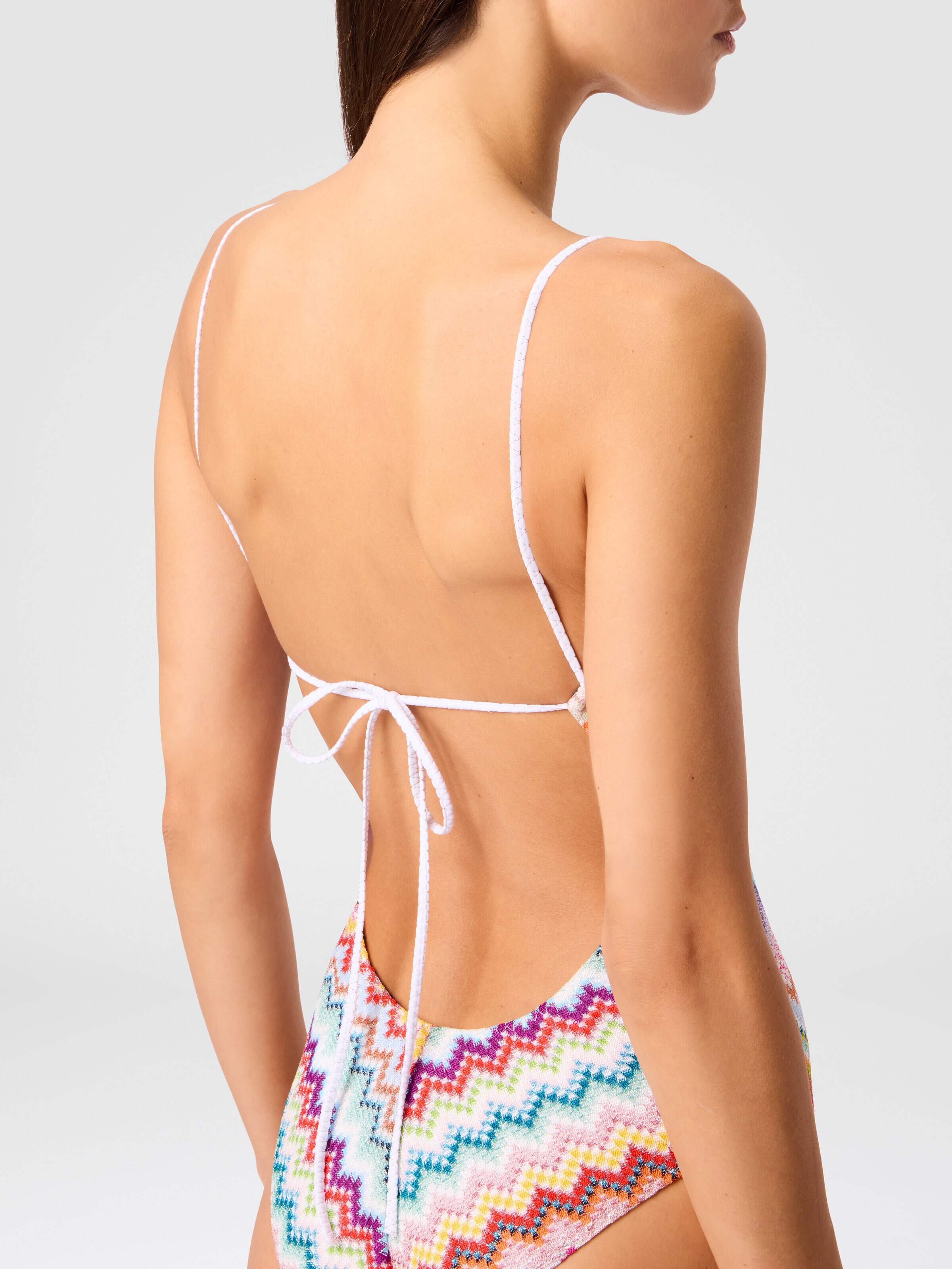 One-piece swimsuit in lamé viscose with pixel-effect zigzag pattern, Multicoloured  - 4