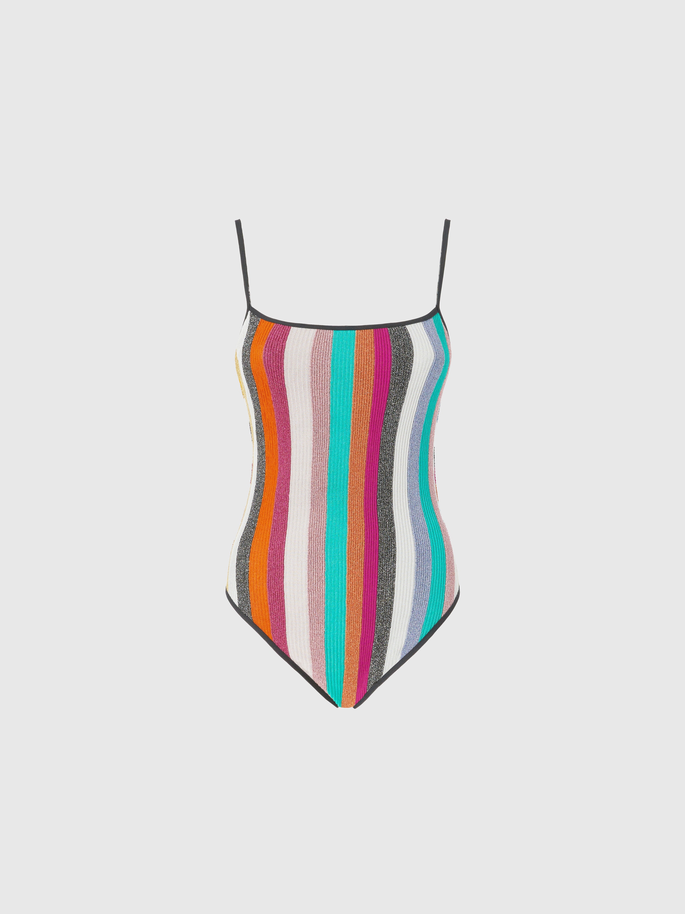 One-piece swimsuit in striped ribbed lamé knit, Multicoloured  - 0