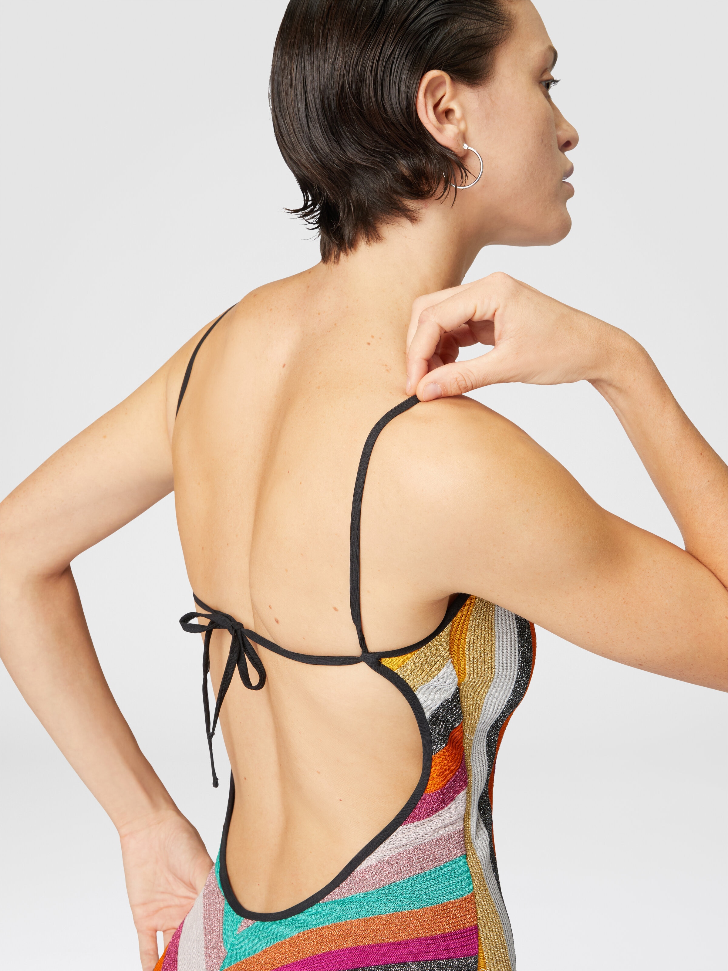 One-piece swimsuit in striped ribbed lamé knit, Multicoloured  - 4
