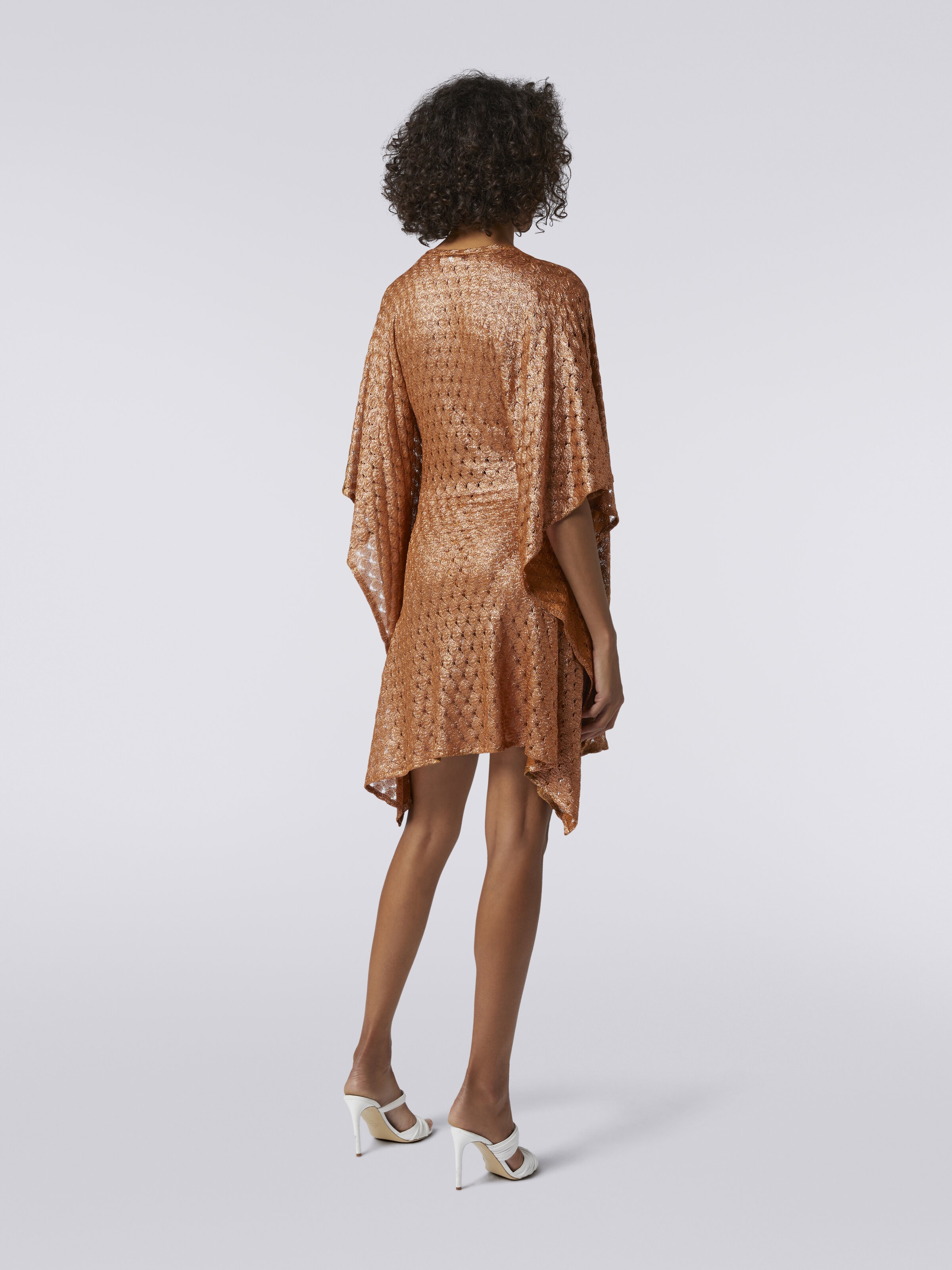 Short lace-effect cover up kaftan, Brown Lamé - 3