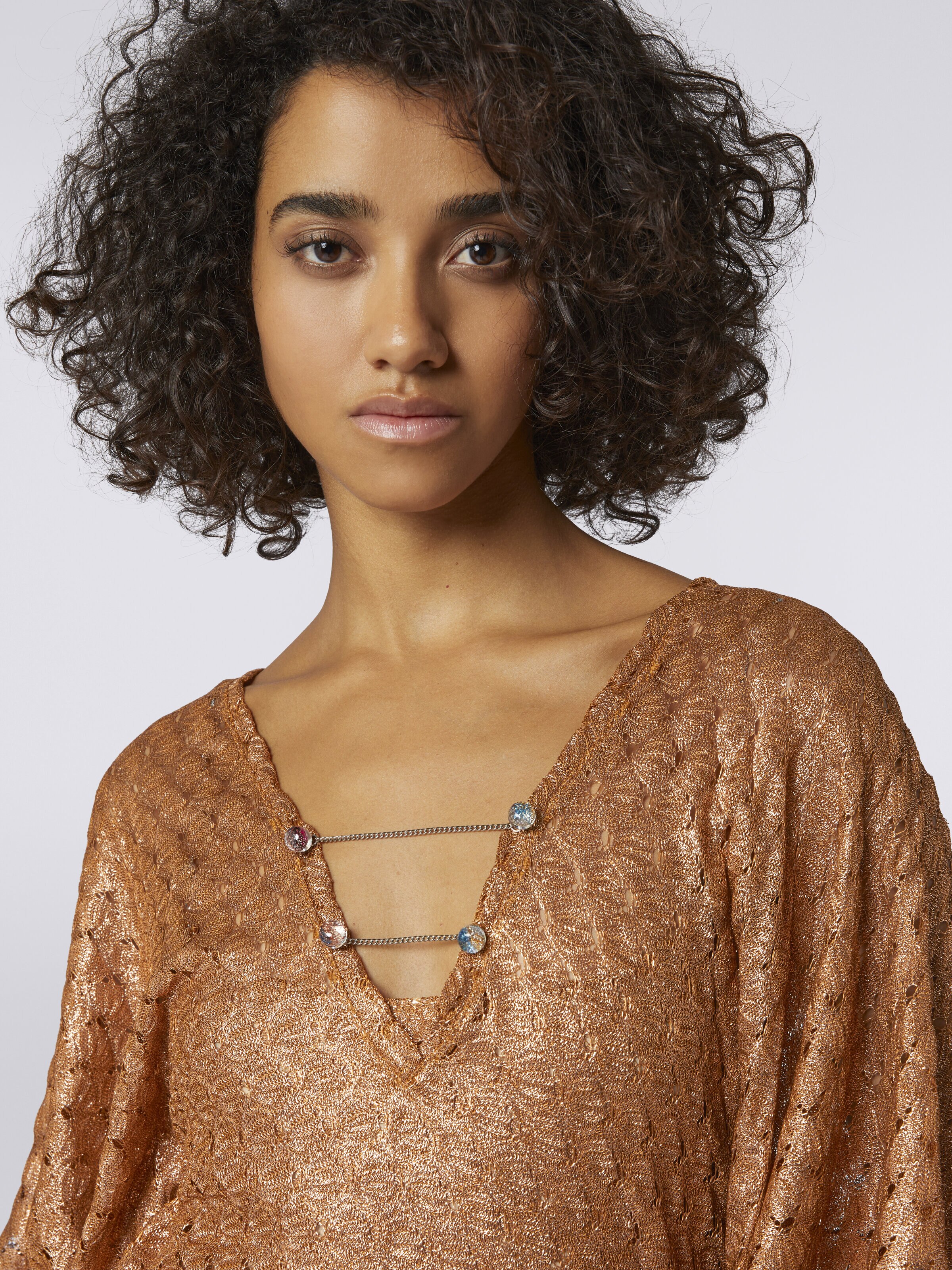 Short lace-effect cover up kaftan, Brown Lamé - 4