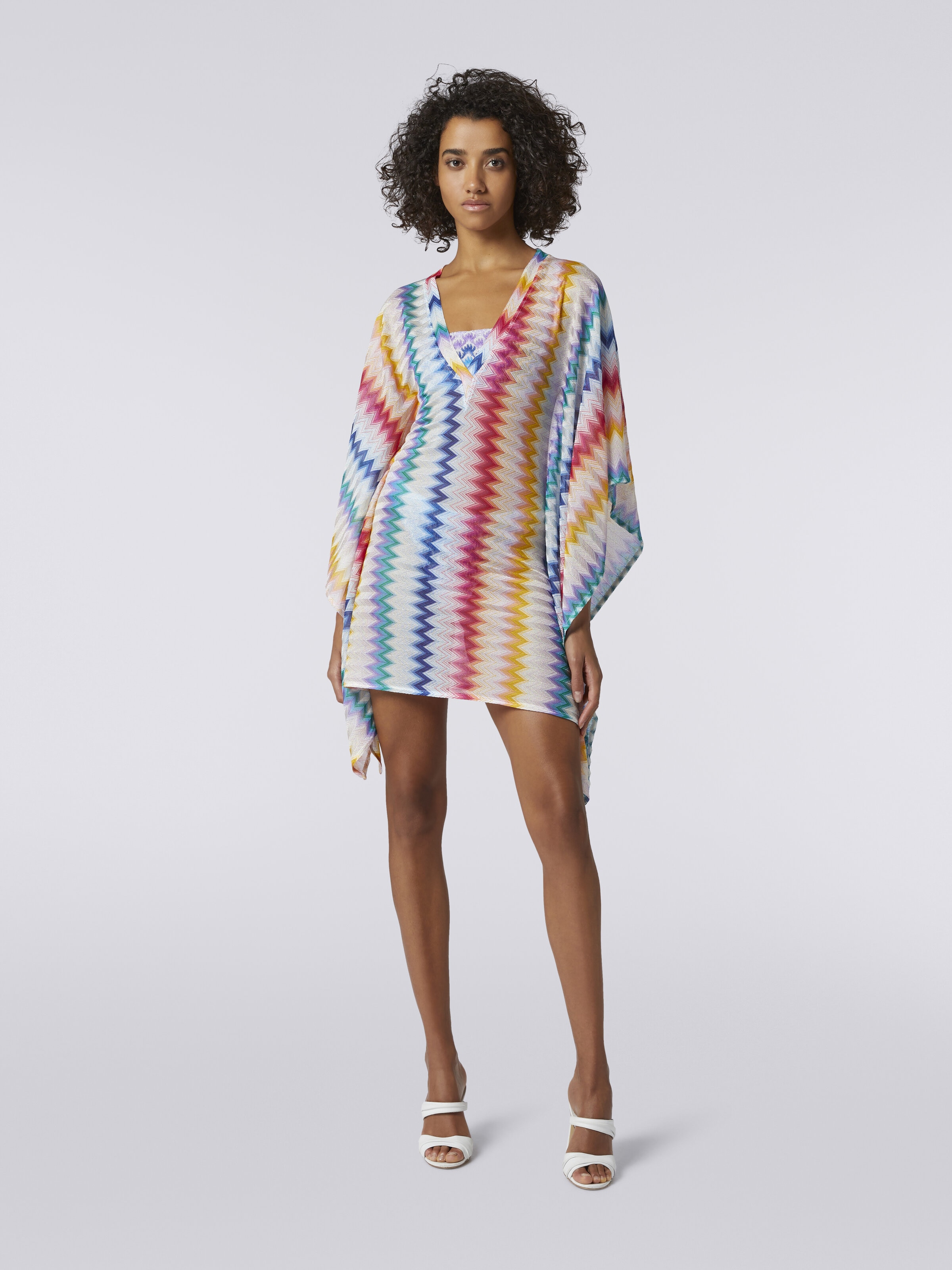 Short cover up kaftan in zigzag viscose with lurex, Multicoloured  - 1