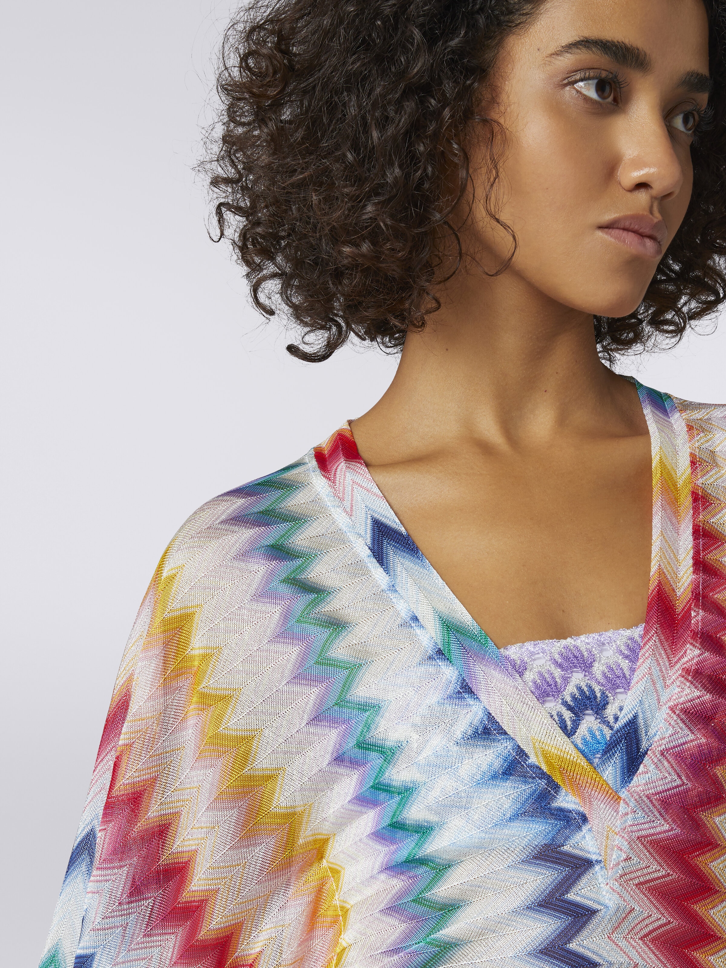 Short cover up kaftan in zigzag viscose with lurex, Multicoloured  - 4