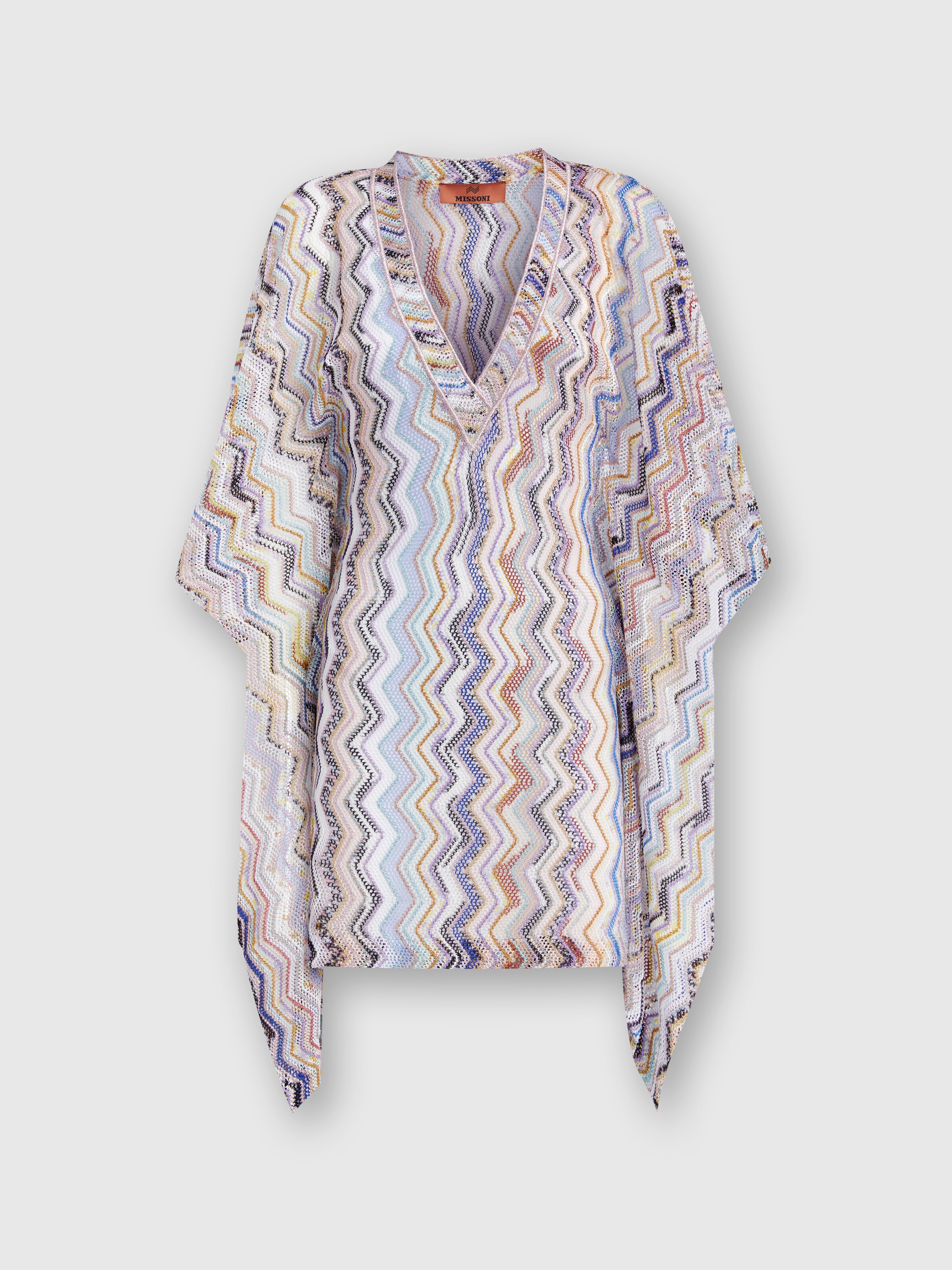 Short cover up kaftan in zigzag crochet with lurex, Multicoloured  - 0