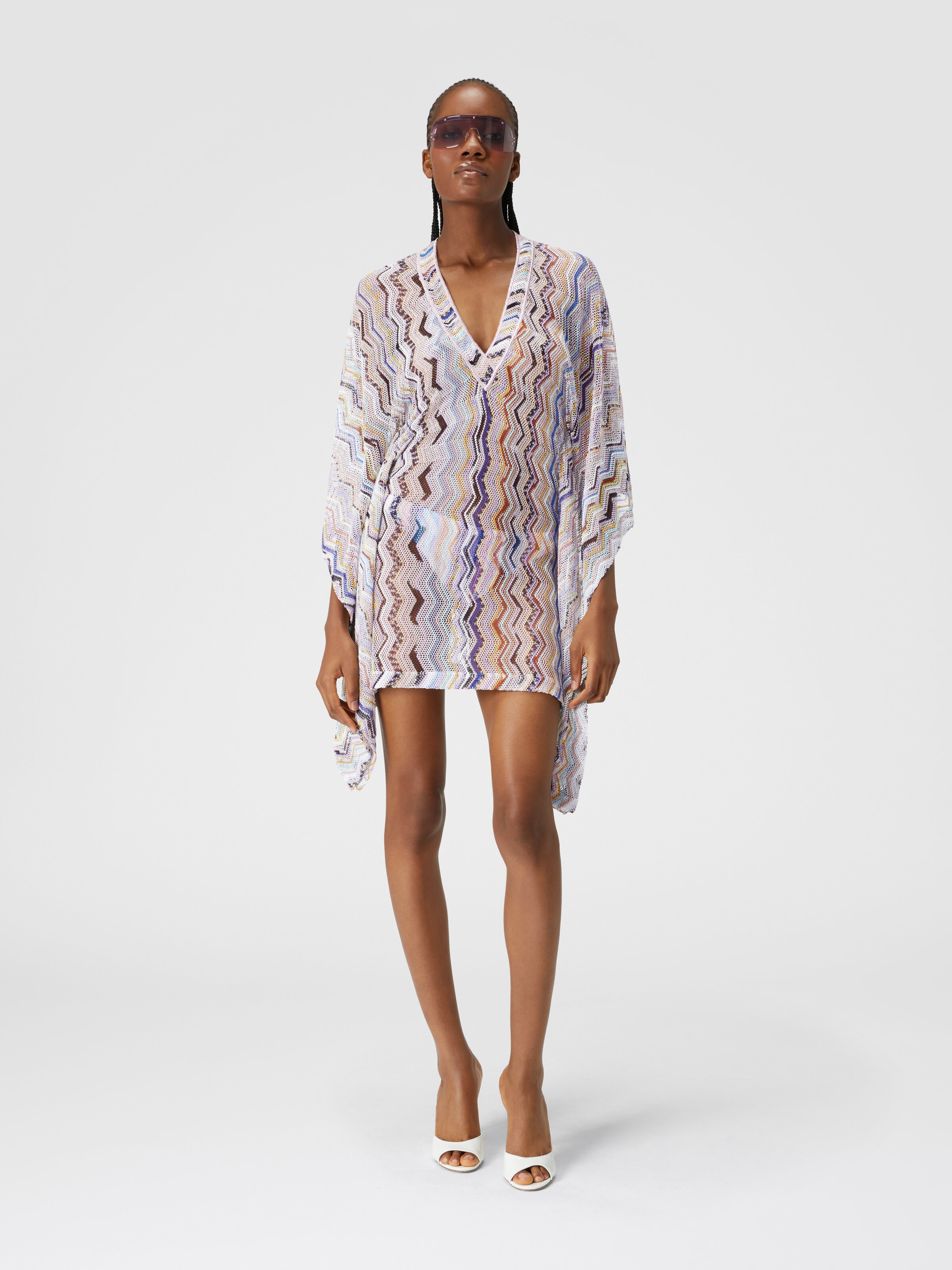 Short cover up kaftan in zigzag crochet with lurex, Multicoloured  - 1