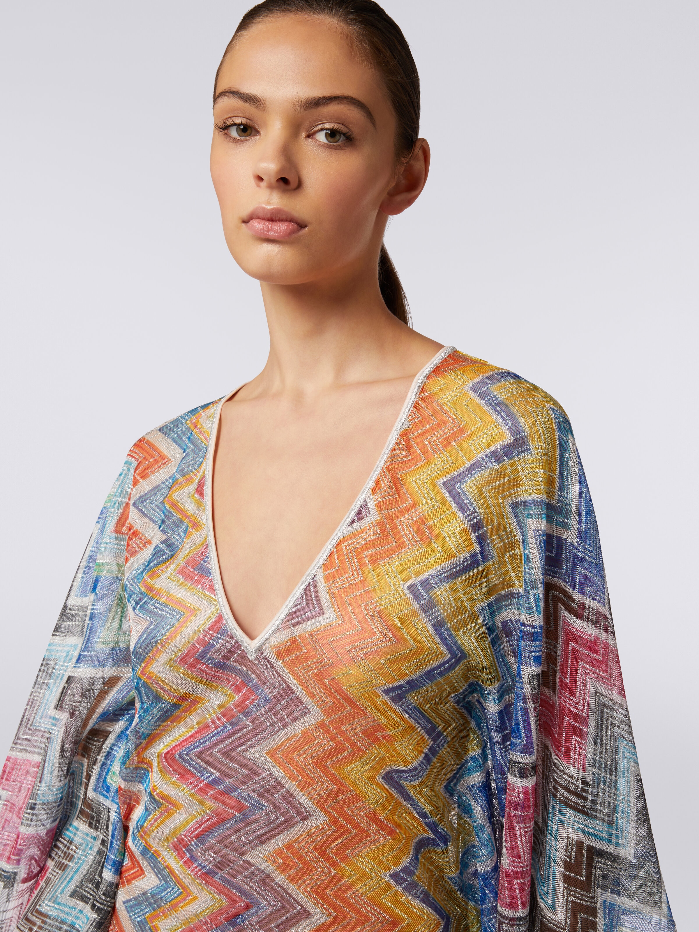 Short zigzag cover-up kaftan with lurex, Multicoloured  - 4