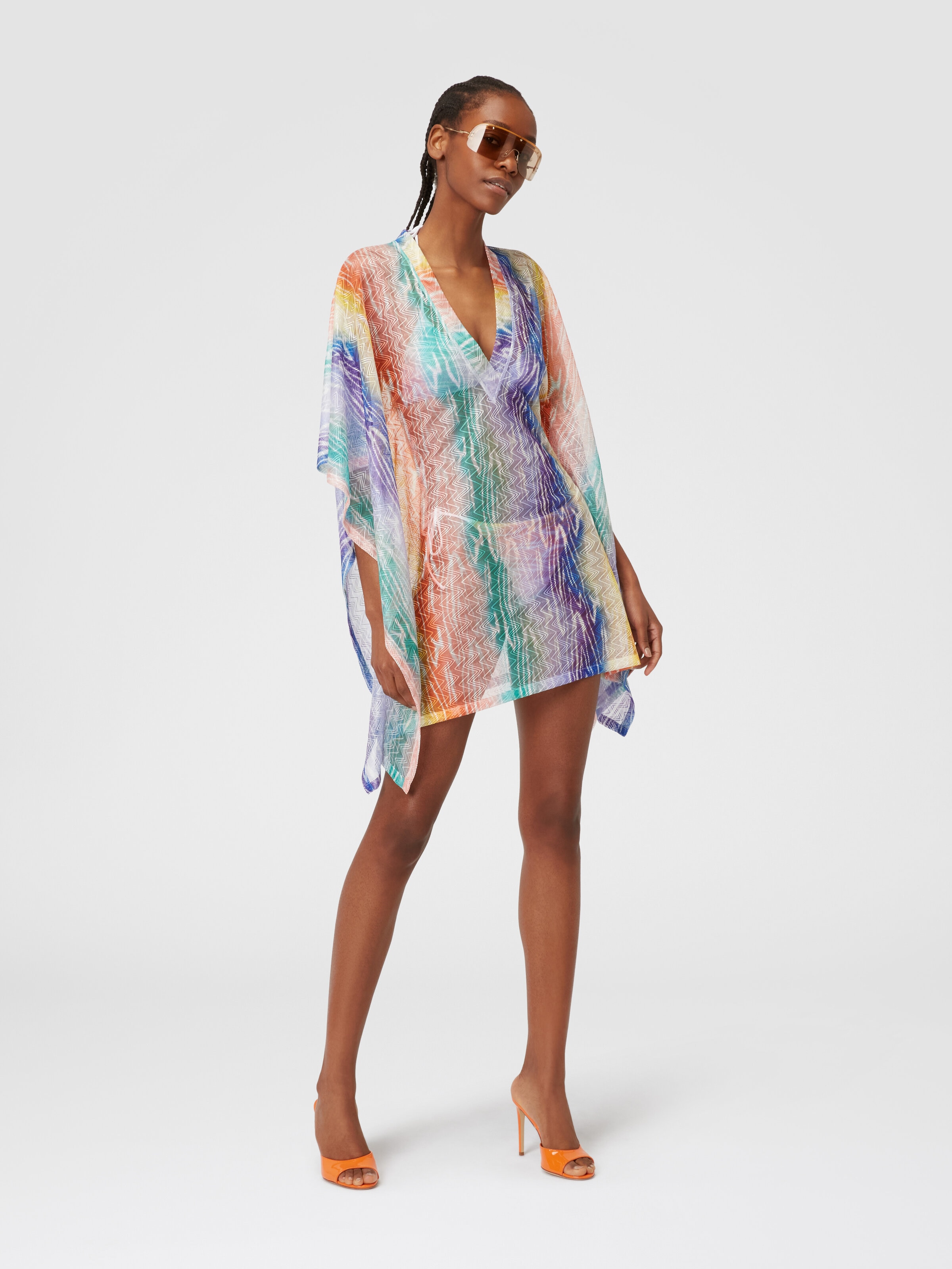 Short tie-dye print cover up kaftan, Multicoloured  - 1