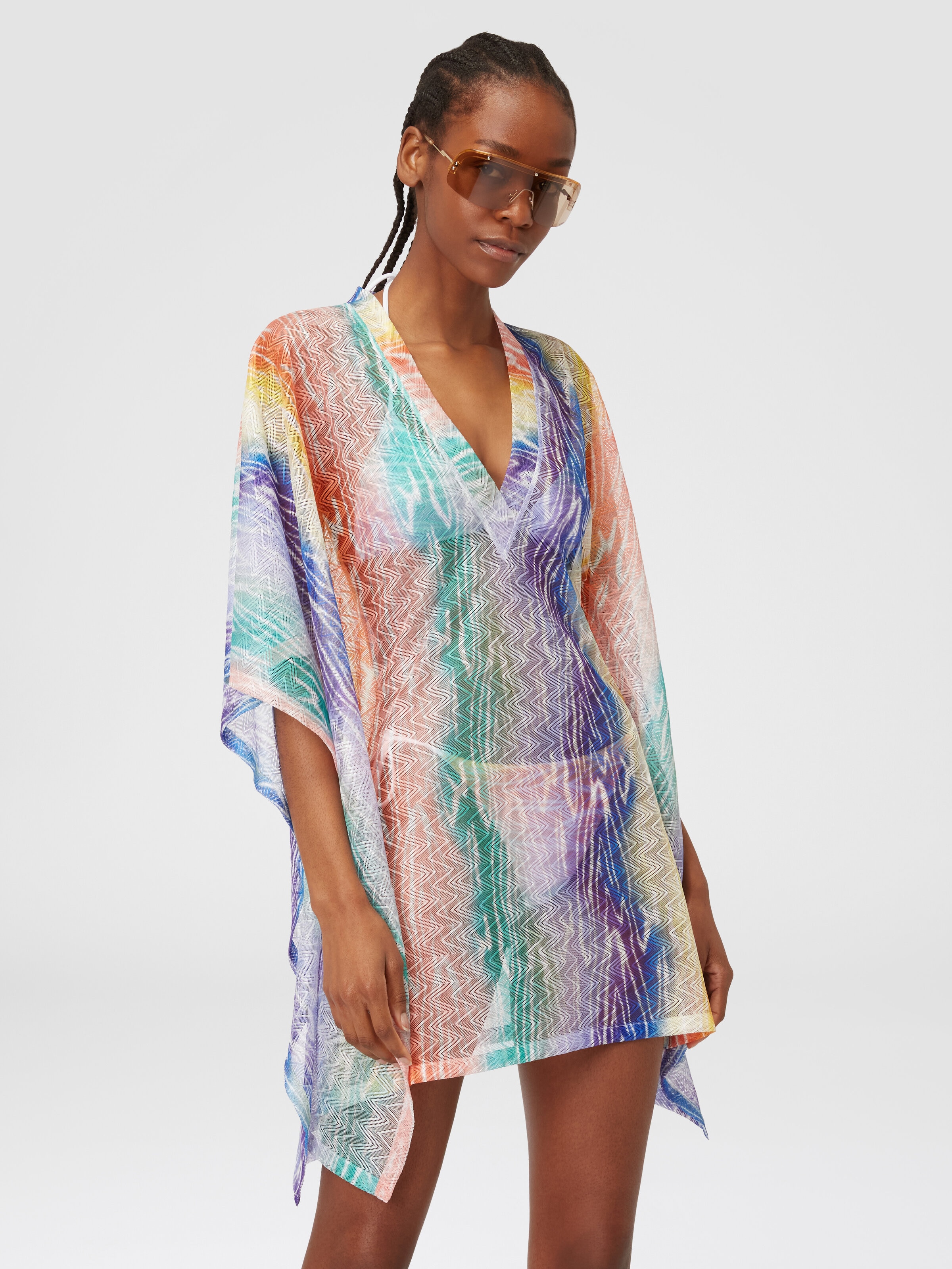 Short tie-dye print cover up kaftan, Multicoloured  - 3