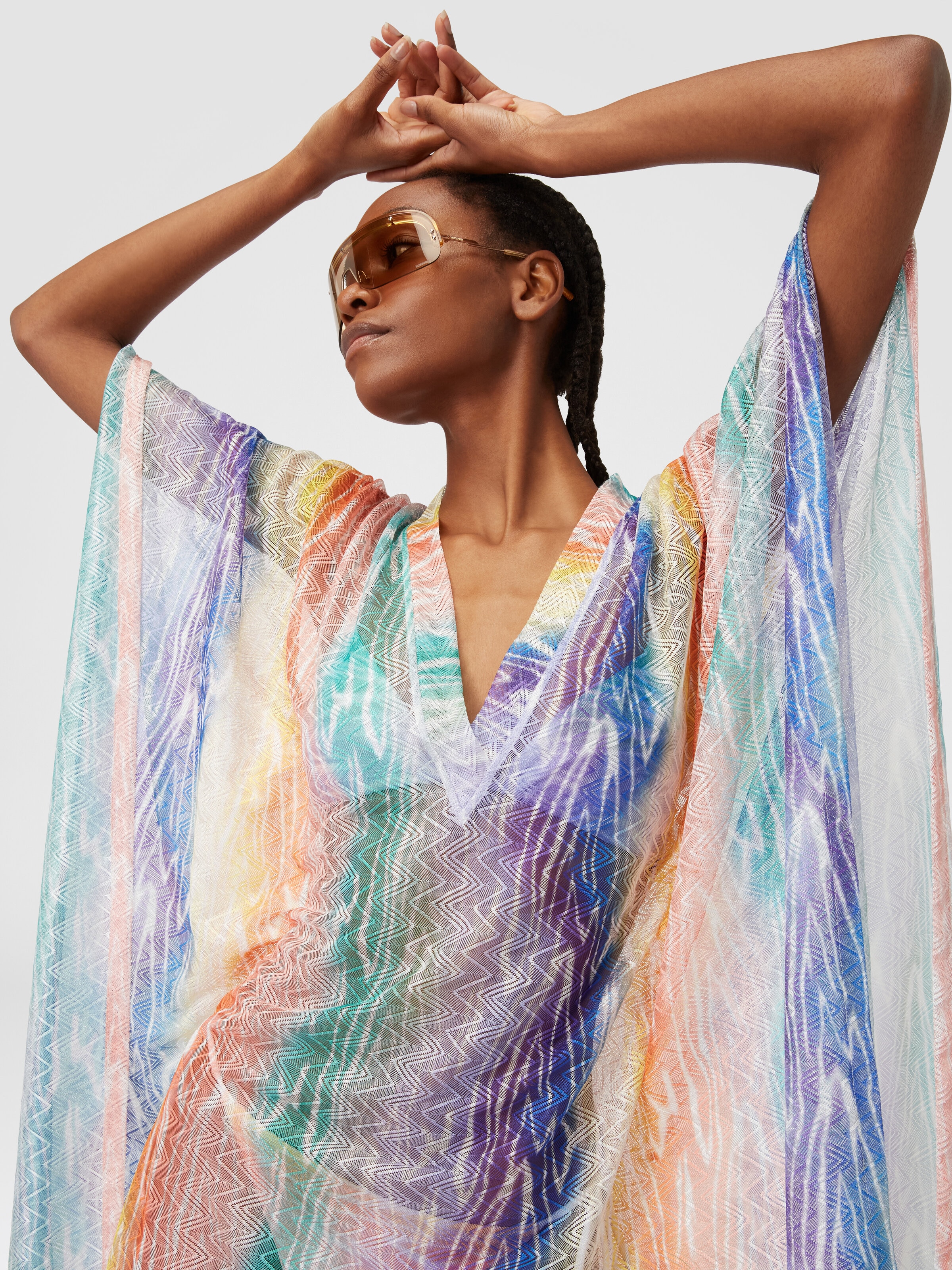 Short tie-dye print cover up kaftan, Multicoloured  - 4