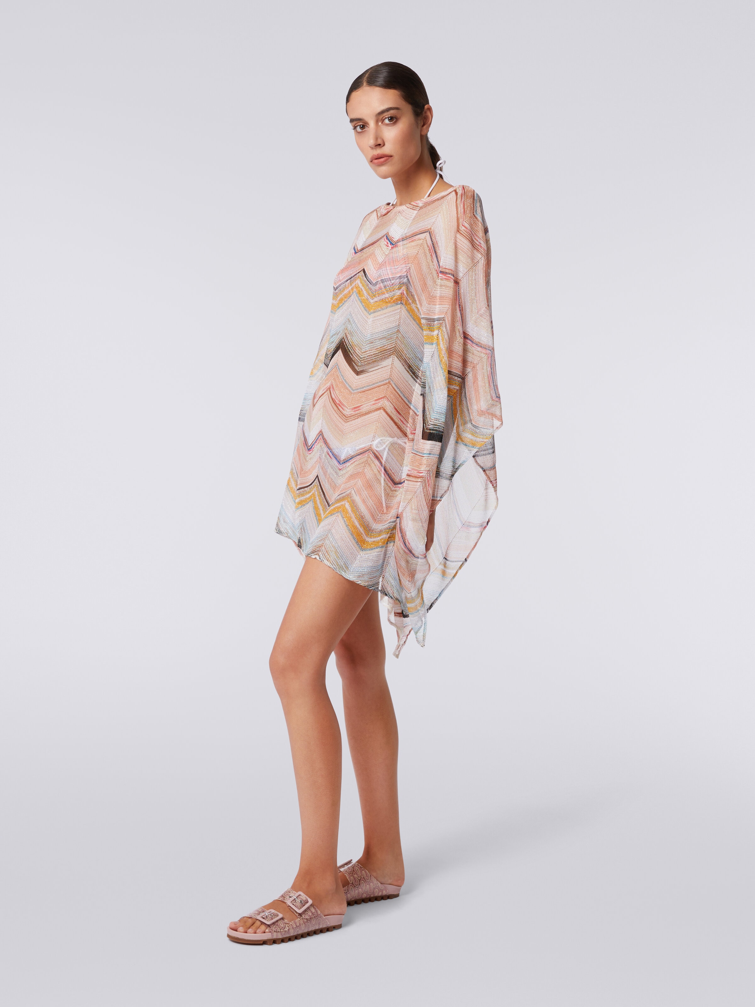 Short cover up kaftan in zigzag viscose blend with lurex, Multicoloured  - 2