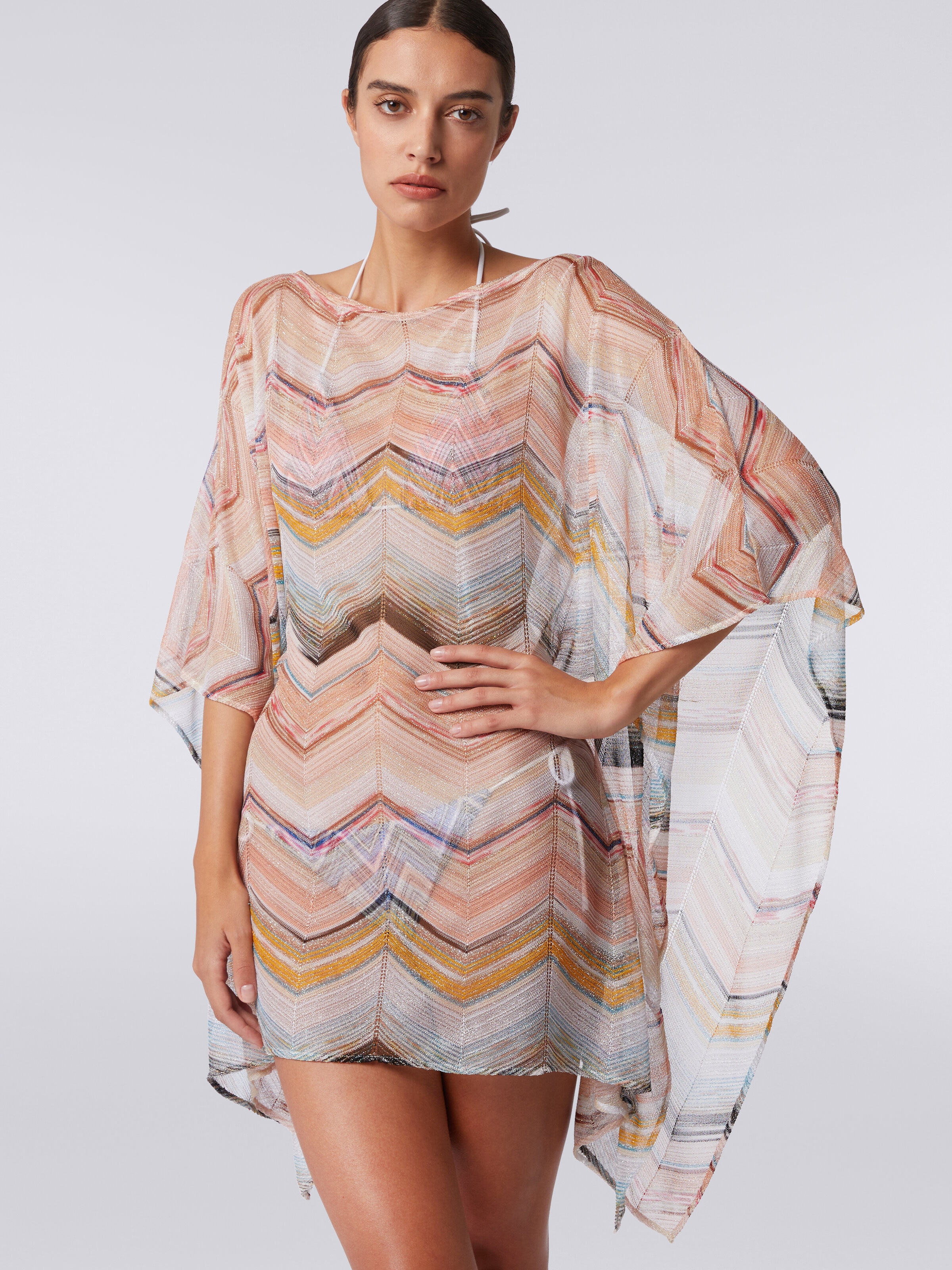 Short cover up kaftan in zigzag viscose blend with lurex, Multicoloured  - 4