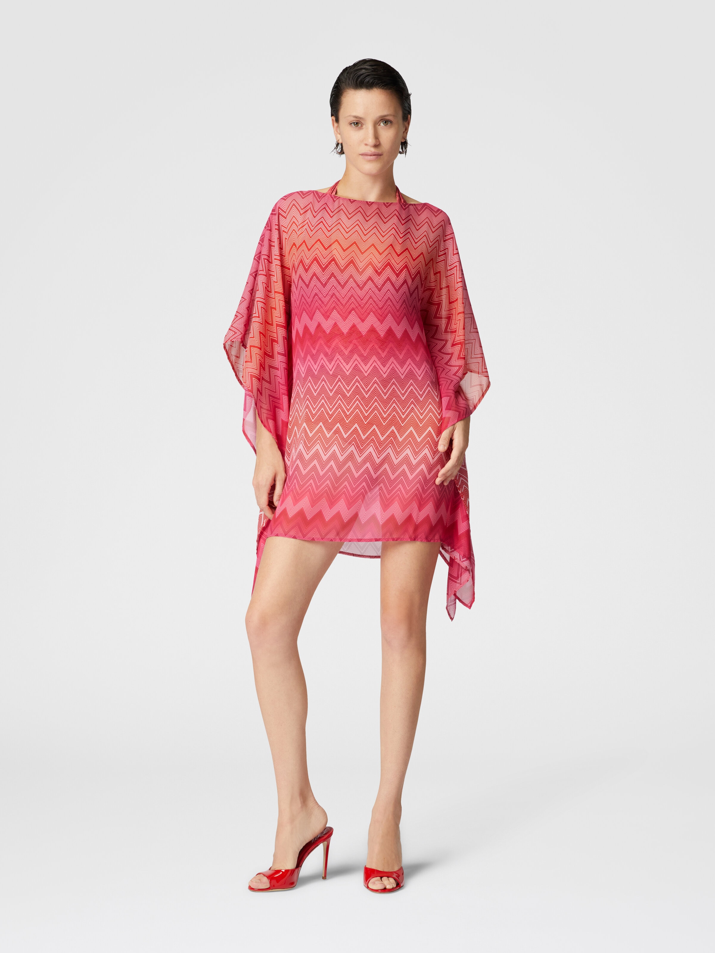 Caftan court en soie imprimée à manches larges, Rouge  - 1