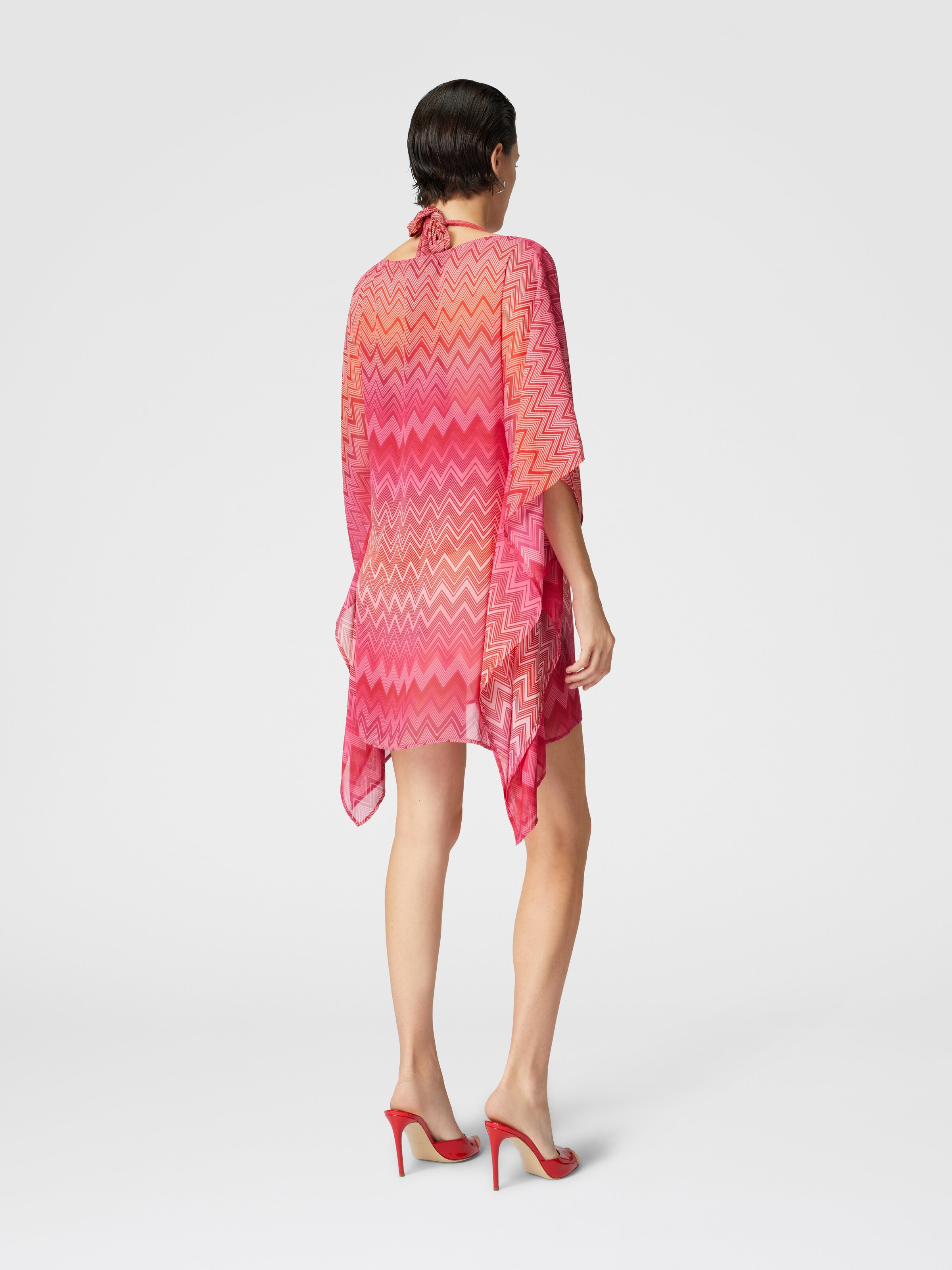 Caftan court en soie imprimée à manches larges, Rouge  - 2
