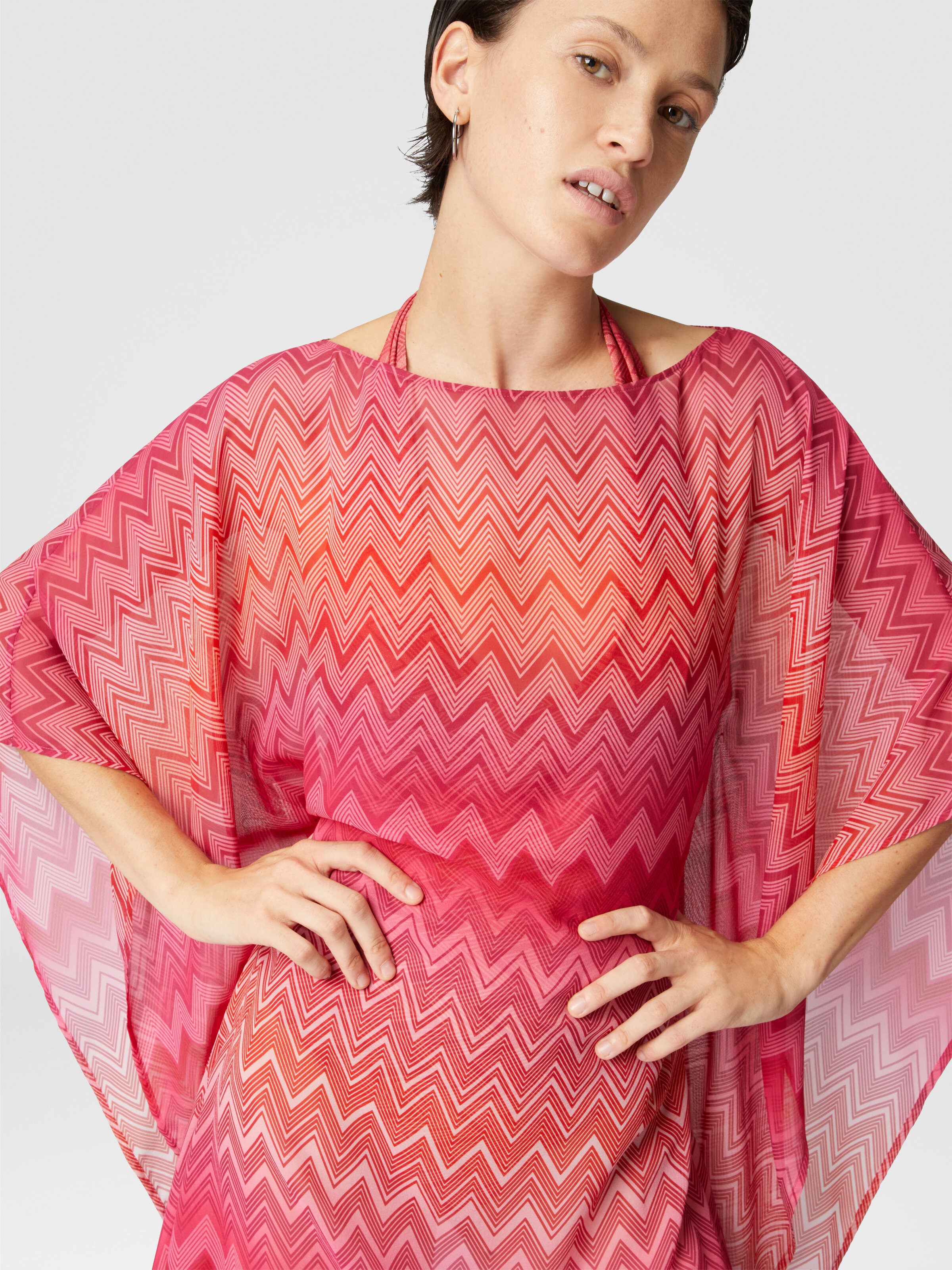 Caftan court en soie imprimée à manches larges, Rouge  - 3