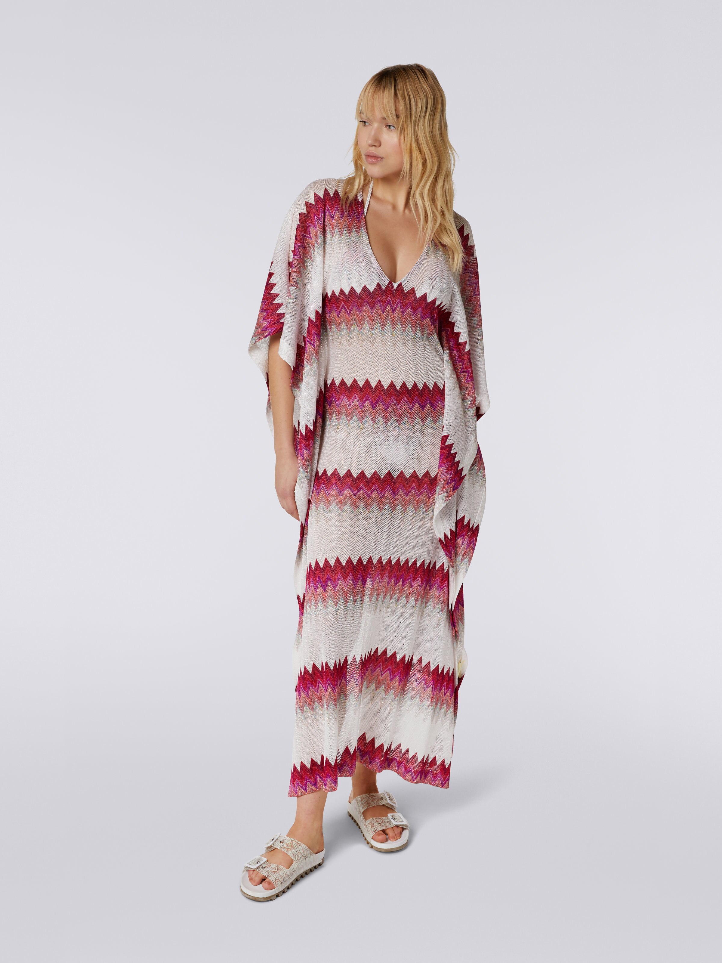 Long viscose kaftan cover up with zigzag and lamé, White, Pink & Fuchsia - 1