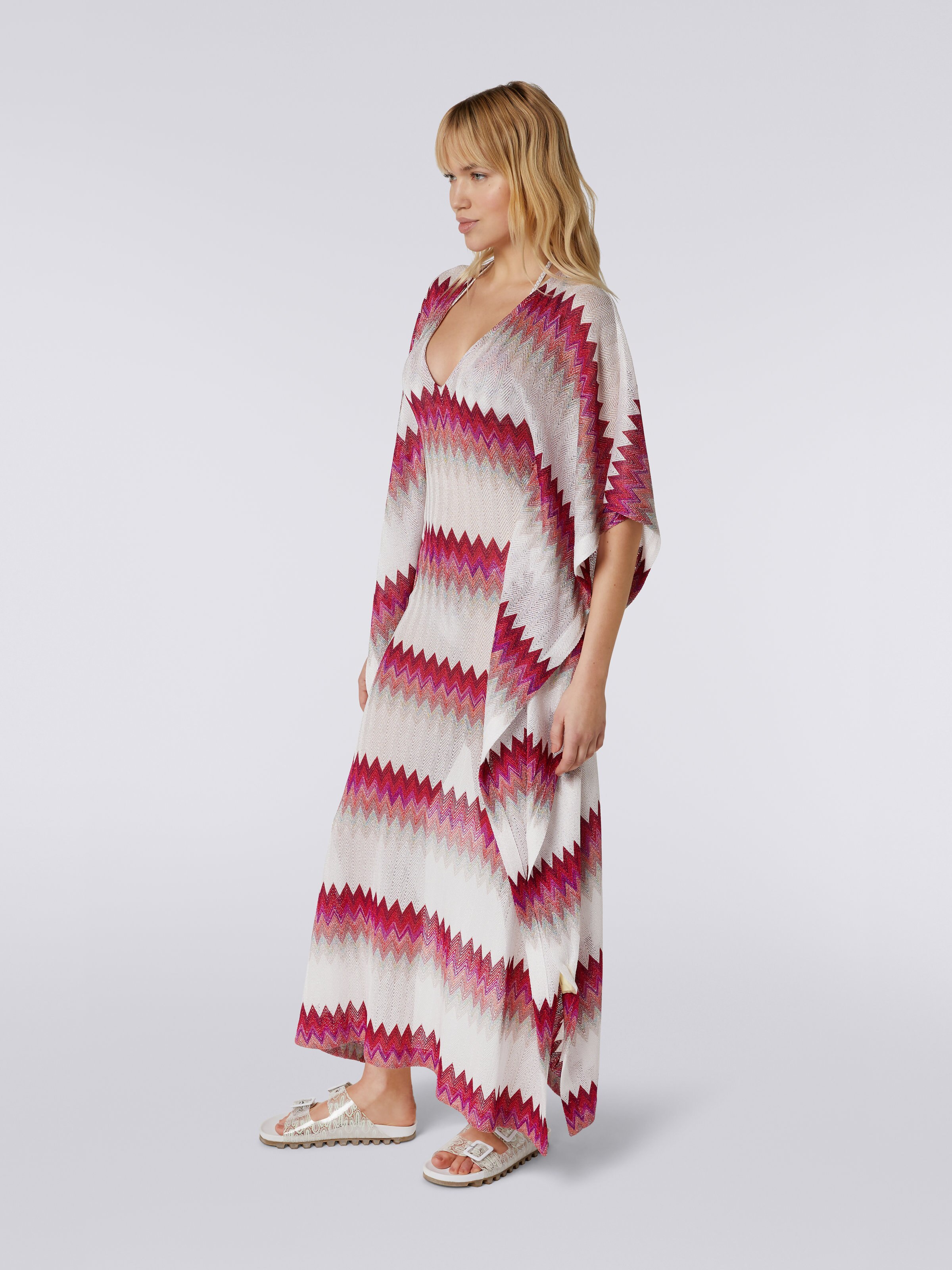 Long viscose kaftan cover up with zigzag and lamé, White, Pink & Fuchsia - 2